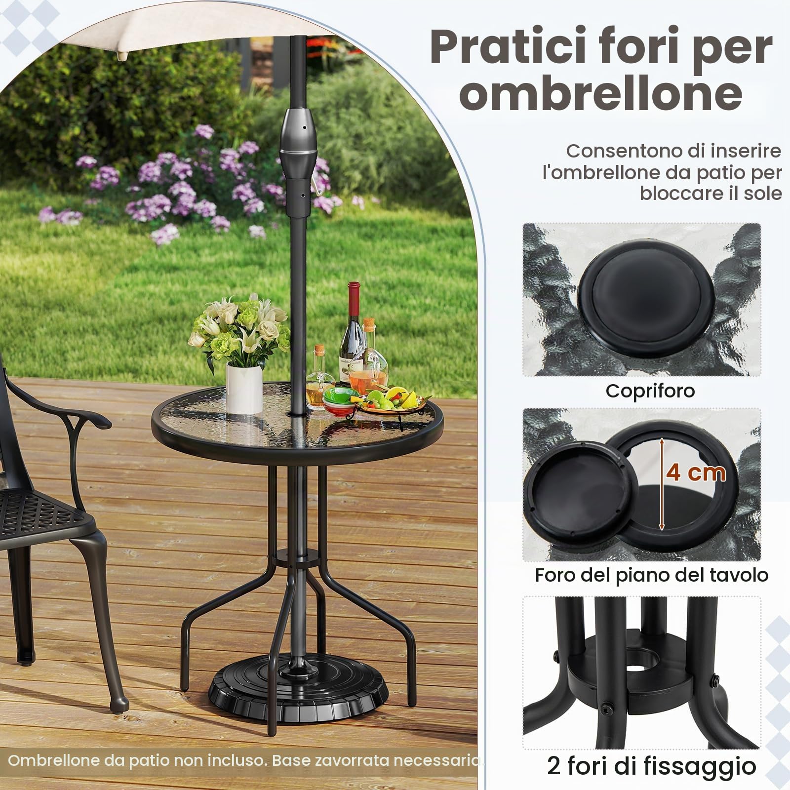 KOMFOTTEU Tavolo da giardino con foro per ombrellone da 4 cm, tavolo da bistrot 70 x 70 x 71 cm in vetro temperato, tavolo da pranzo rotondo con struttura in metallo, tavolino per balcone, terrazza