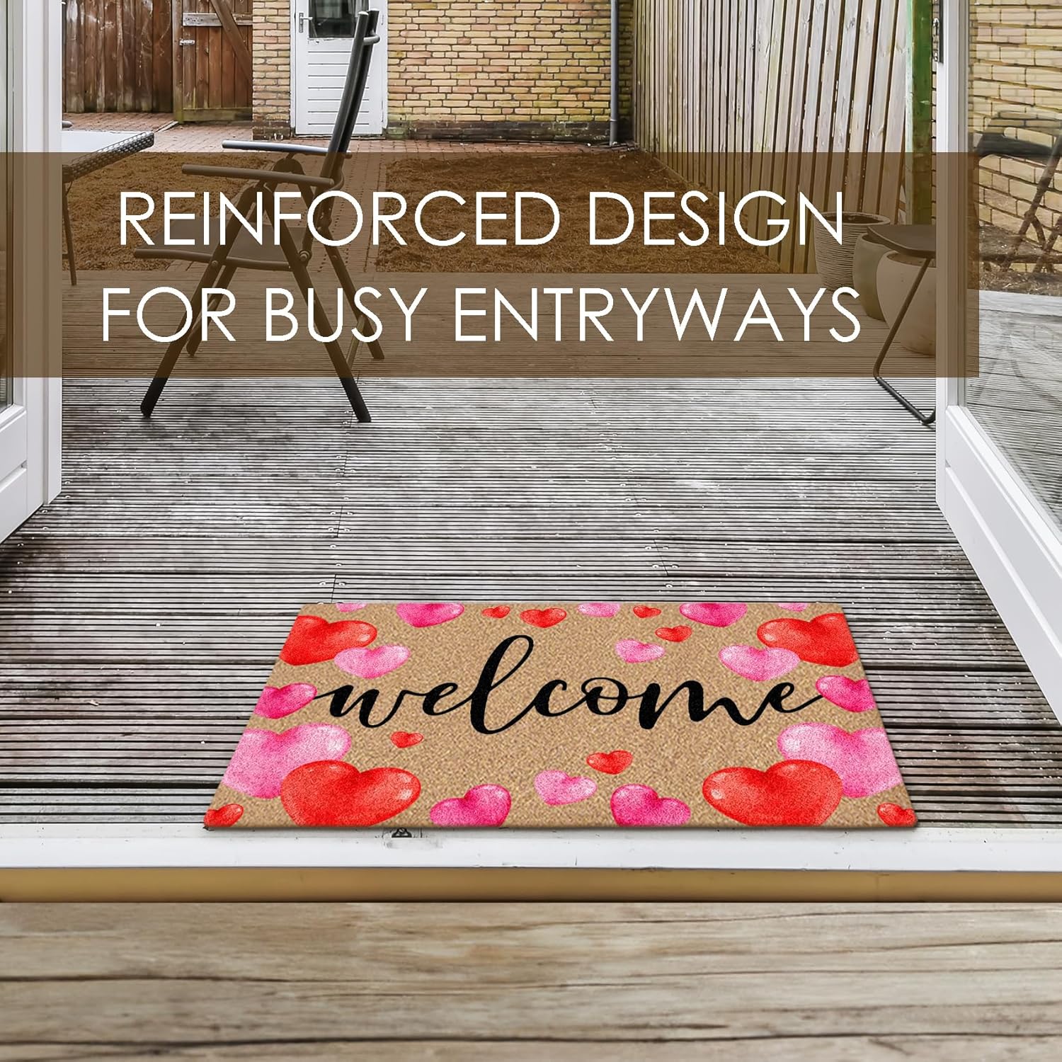 Valentines Day Welcome Coco Coir Doormat Door Welcome Mat for Home Entrance Front Door, Pink Red Love Heart Anniversary Valentine's Day Floor Mats for Outdoor Outside Entryway 30x17 Inch