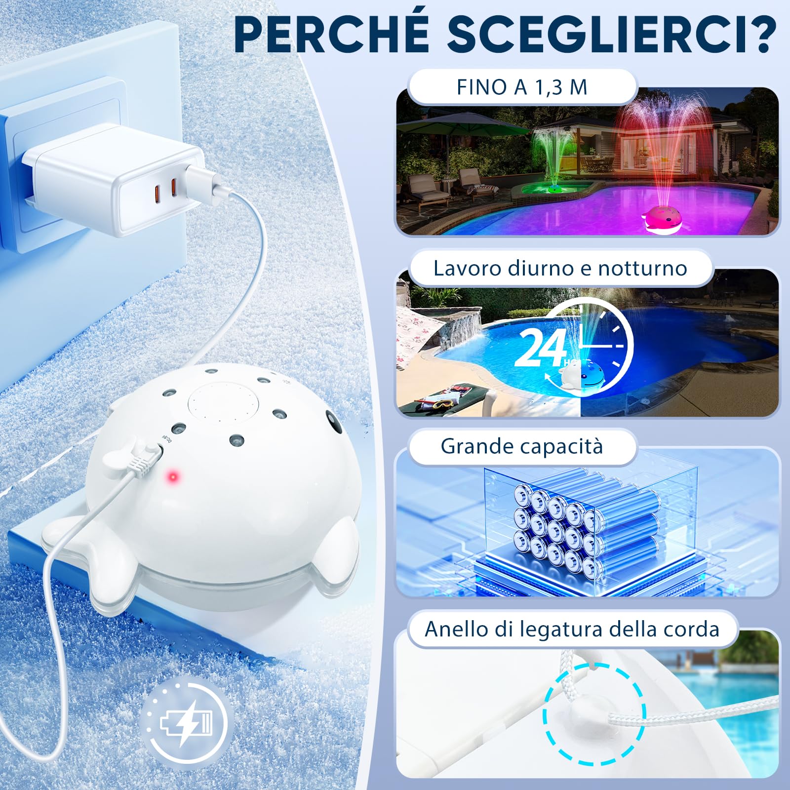 DeeprBling Fontana Galleggiante per Piscina con Spettacolo di Luci Subacquee, Fontana da Piscina a Batteria Ricaricabile, 2 Modalità di Spruzzatura con Telecomando e Pulsanti, 7 Modalità di Luce