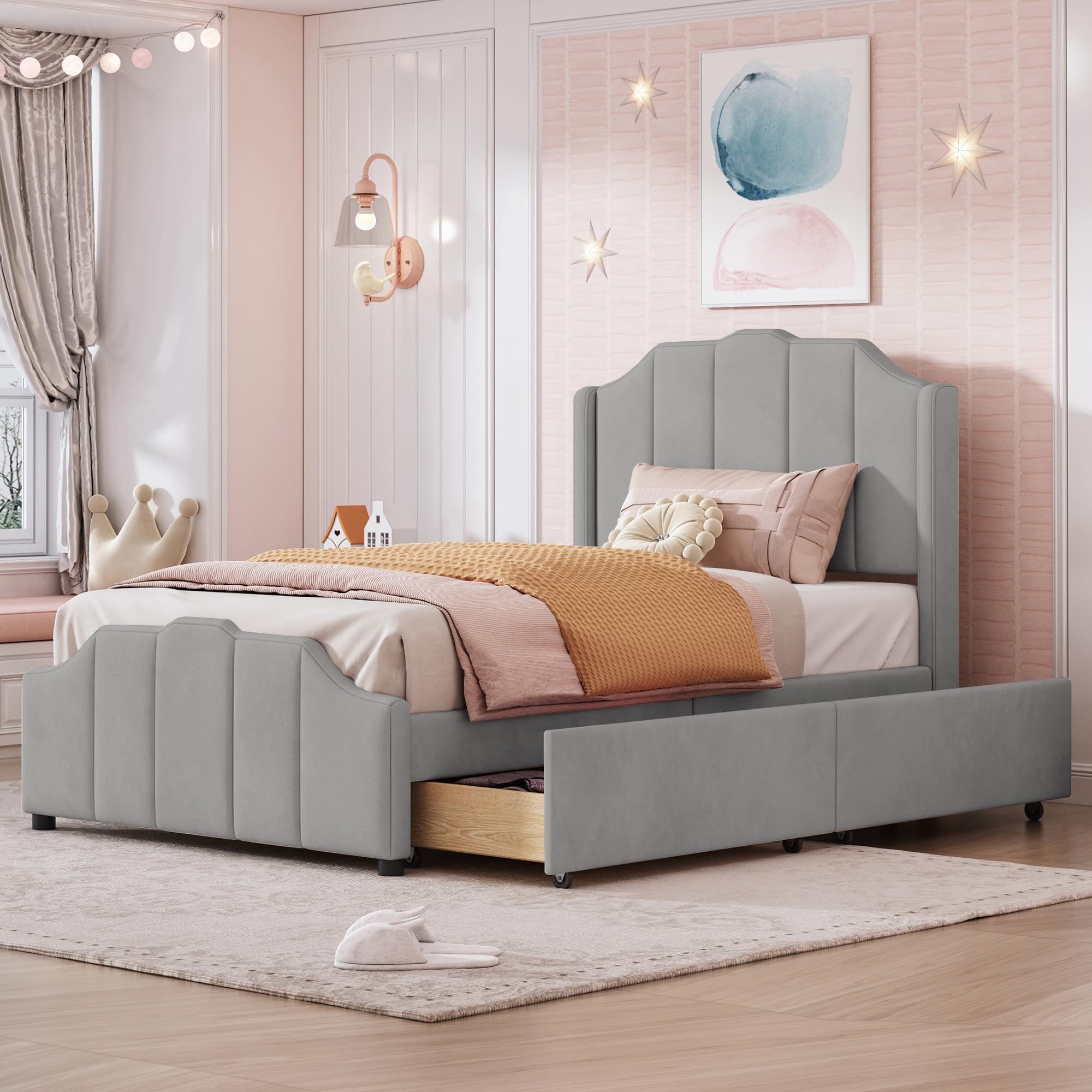 Letto imbottito 90 x 200 cm, con 2 cassetti portaoggetti con testiera, poggiapiedi e rete a doghe in velluto, letto matrimoniale imbottito per ragazzi e ragazzi, colore: grigio