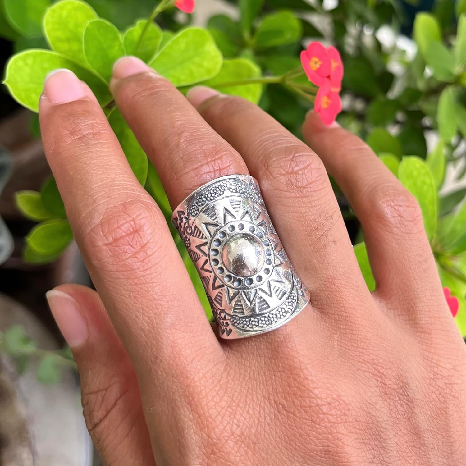 Sterling Silver Mandala Flower Boho Hippie Large Statement Ring, Ethnic Gypsy Wide Band Adjustable to US sizes 7-11, Solar Symbol, Also as Thumb ring, Gift for Her