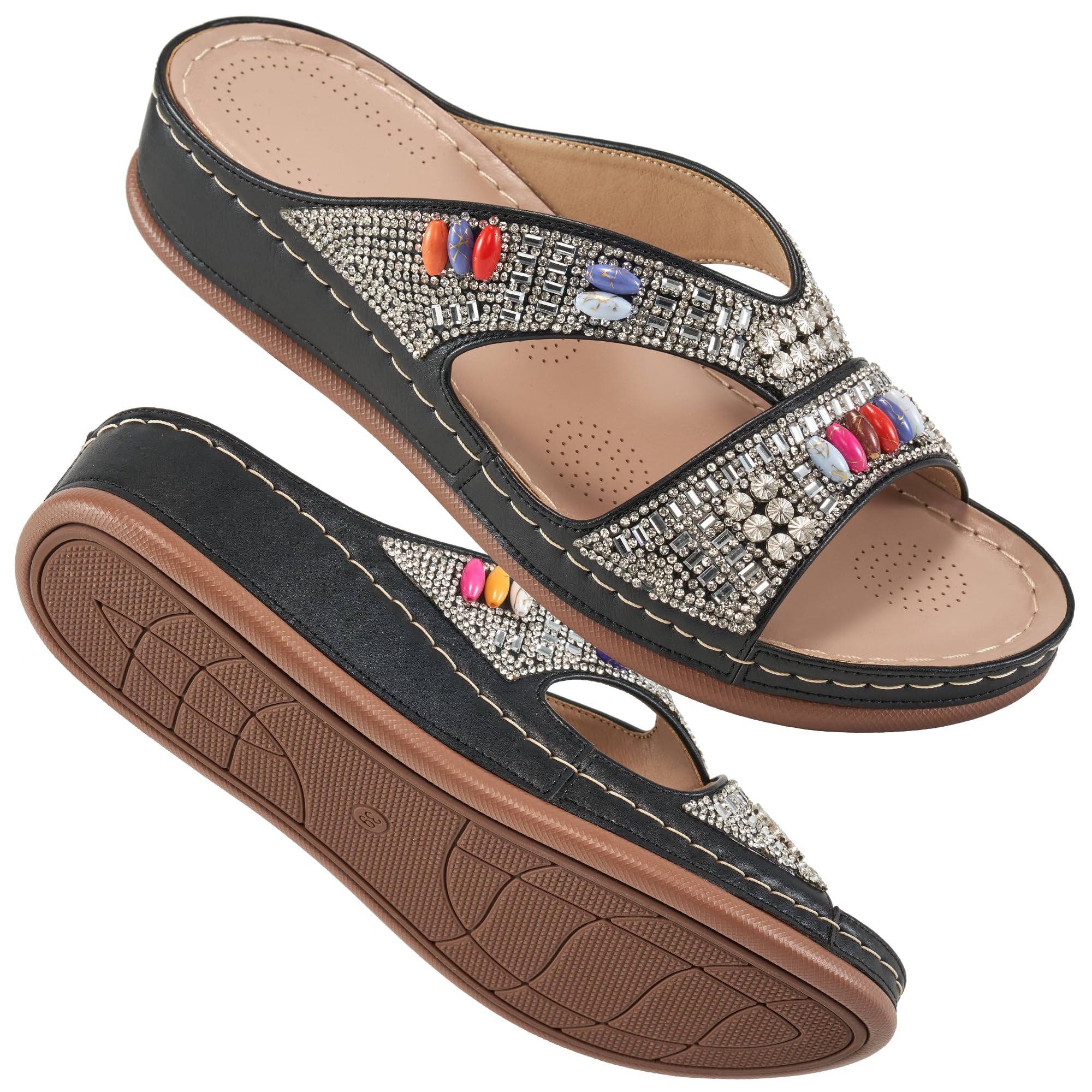 Ecetana Womens Sandals Wedge Slides Dressy Summer Rhinestone Beaded Bohemian Platform Comfortable Casual Shoes