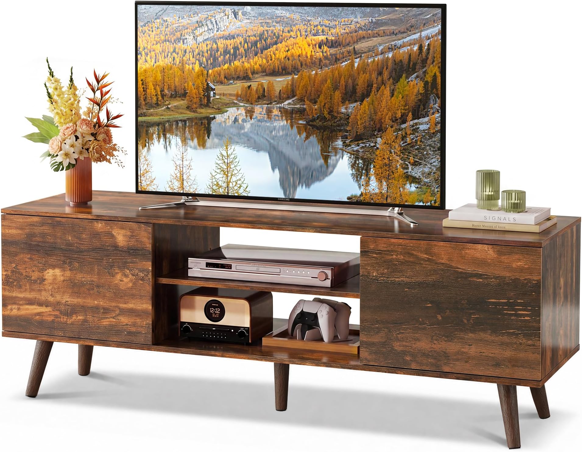 WLIVE TV Stand for 55 60 Inch TV, mid Century Modern Entertainment Center with 2 Cabinets Storage & Adjustable Shelf, Media Console Table for Living Room, Bedroom, Media Furniture, Retro Brown