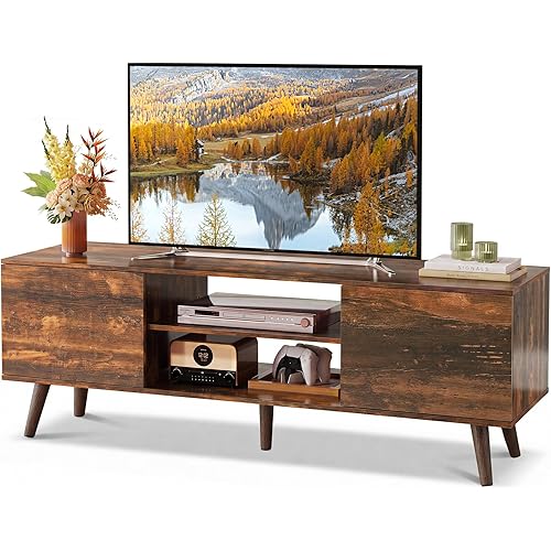 WLIVE TV Stand for 55 60 Inch TV, mid Century Modern Entertainment Center with 2 Cabinets Storage & Adjustable Shelf, Media Console Table for Living Room, Bedroom, Media Furniture, Retro Brown