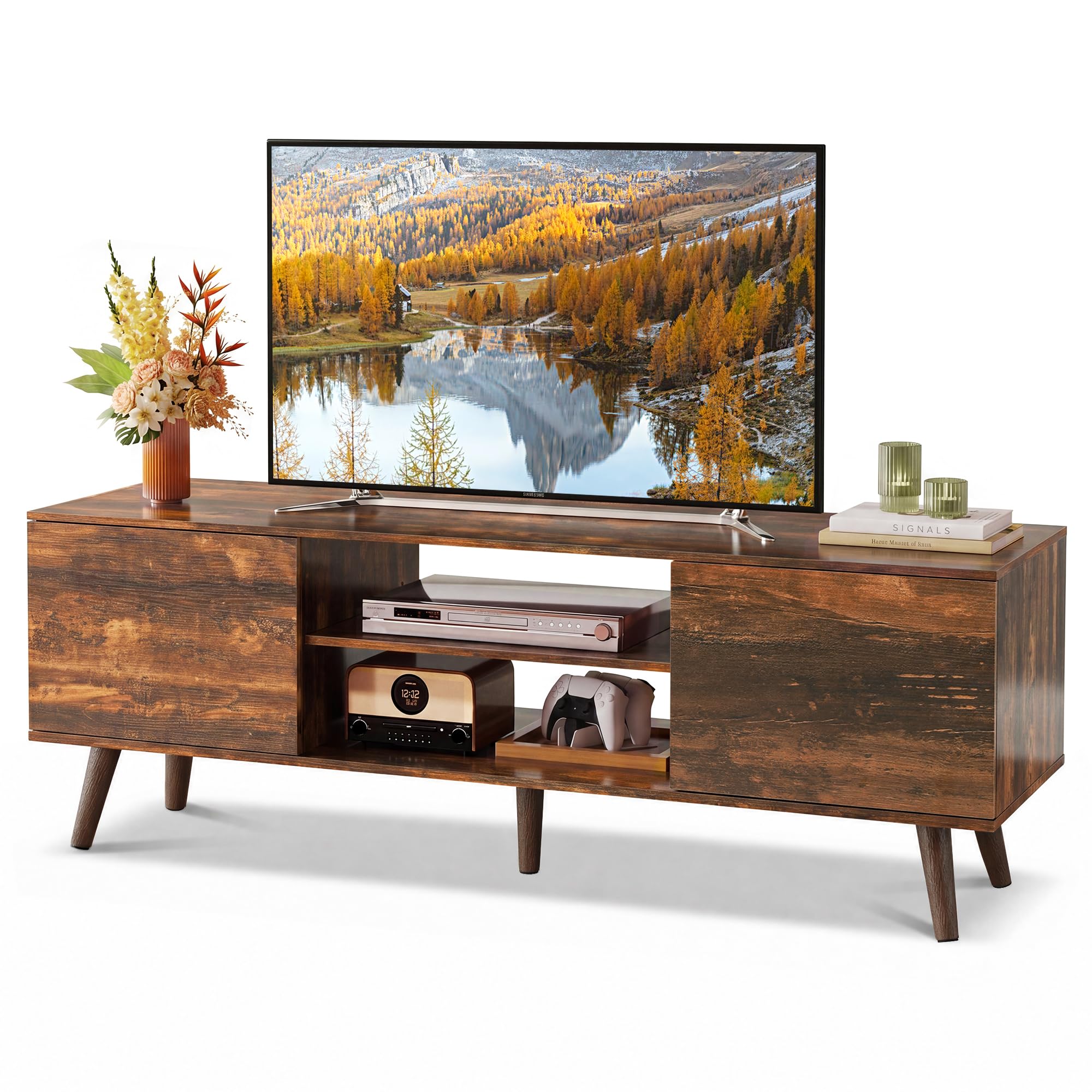 WLIVE TV Stand for 55 60 Inch TV, mid Century Modern Entertainment Center with 2 Cabinets Storage & Adjustable Shelf, Media Console Table for Living Room, Bedroom, Media Furniture, Retro Brown-image-42