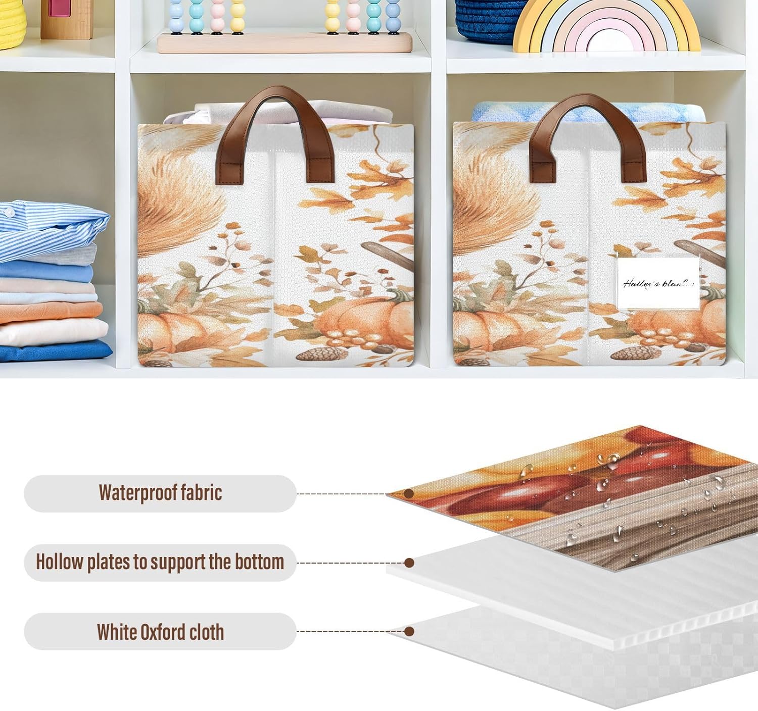 Fall Pumpkins Squirrel 2 Pack Fabric Storage Bins for Shelves Collapsible Cube Storage Bin Basket Storage Cubes with Handle Under The Bed Storage Bins for Office Home Closet Clothes