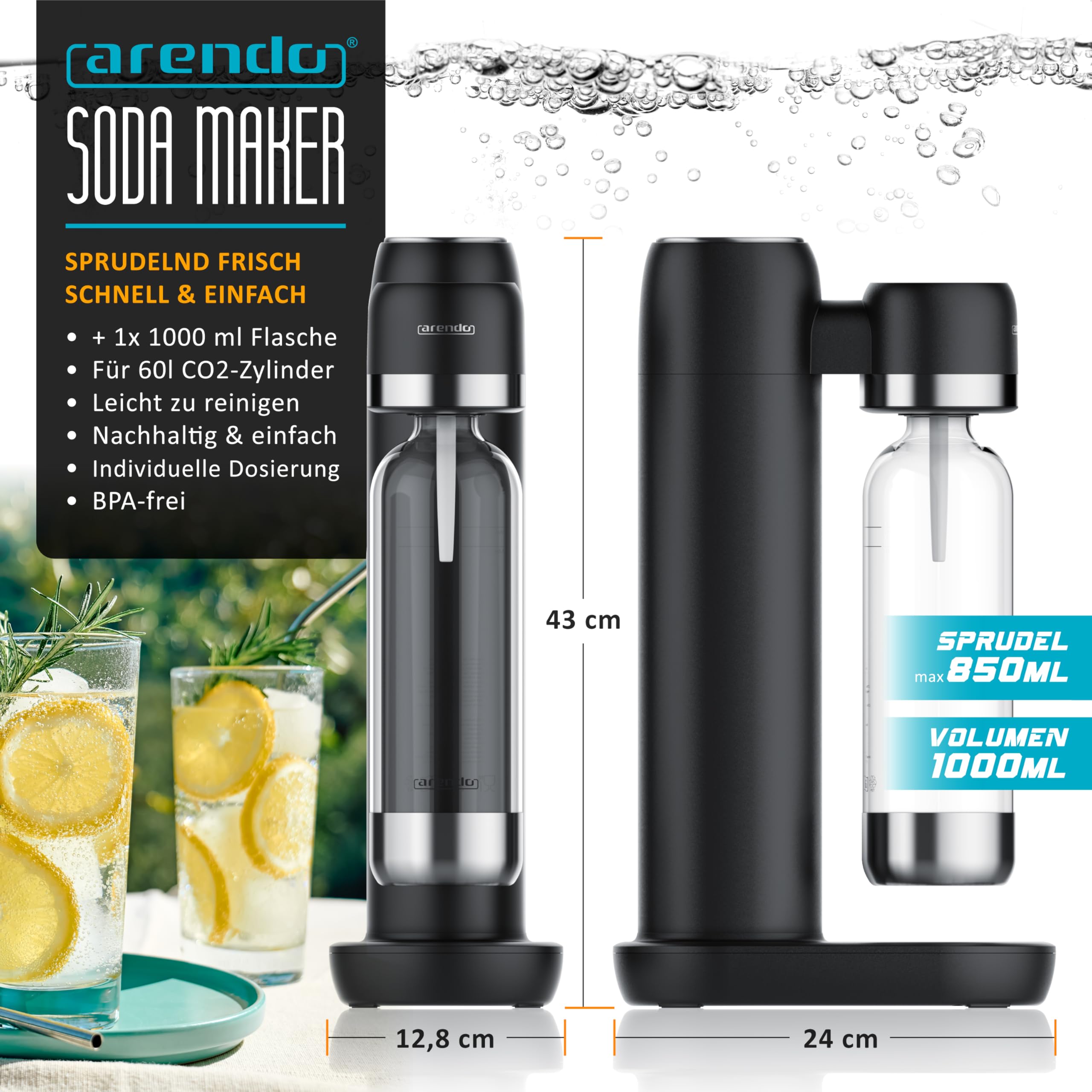 Arendo - Soda Maker Wassersprudler – inkl. 1000 ml Wasserflasche BPA frei – fein dosierbar – Soda Streamer kompatibel mit 60 l CO2 Zylindern
