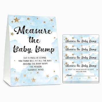 Baby Shower Game Set, Measure the Baby Bump1 Standing Sign + 50 Find Cards, Moon and Stars How Big is Mommys Belly Party Game, Sleepover Theme Baby Shower/Gender Reveal Party Favor DecorA06