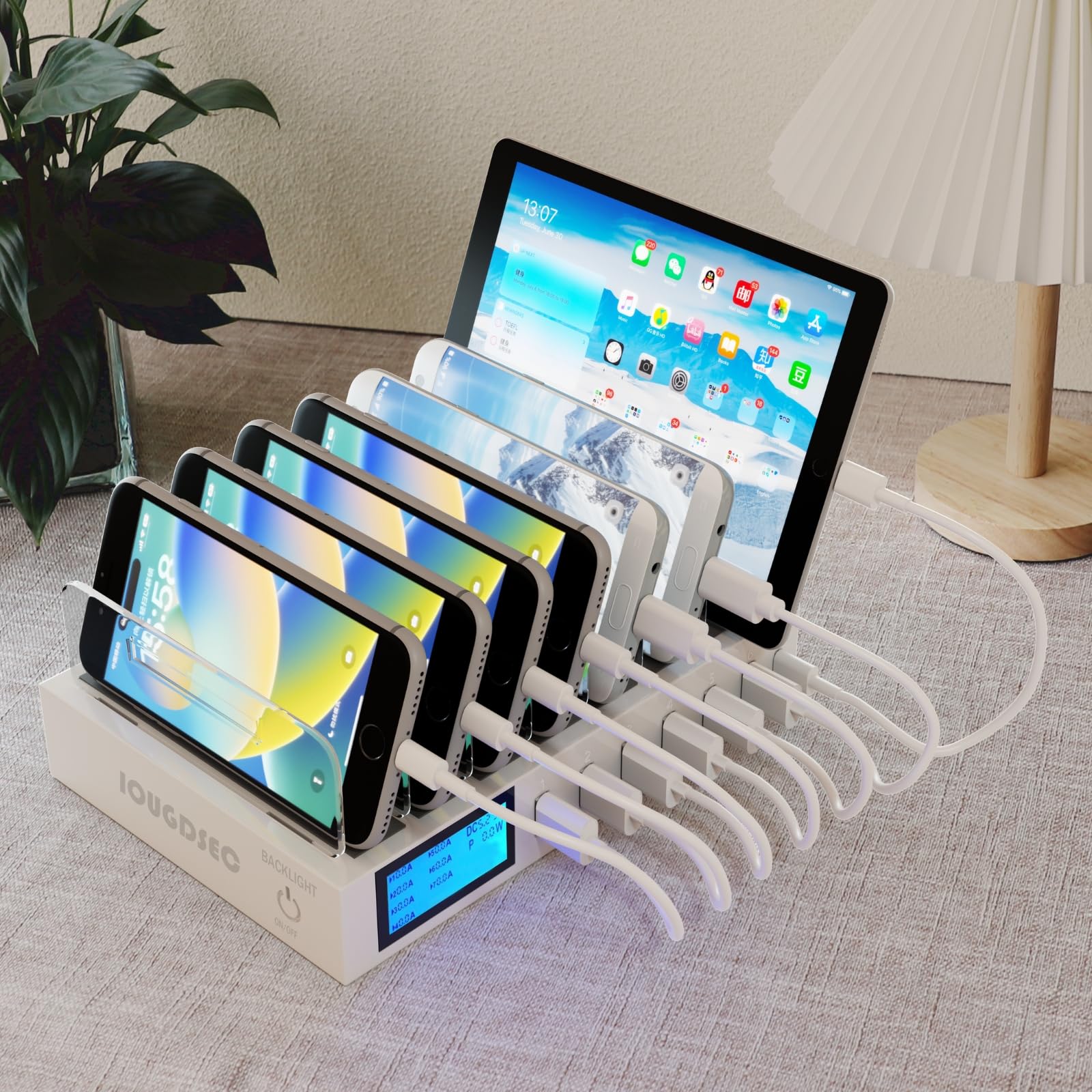 Station de charge rapide PD20W QC3.0 multi-ports USB, station de charge 7 en 1 pour plusieurs appareils avec écran LCD compatible avec iPhone, iPad, Samsung, Huawei et plus encore