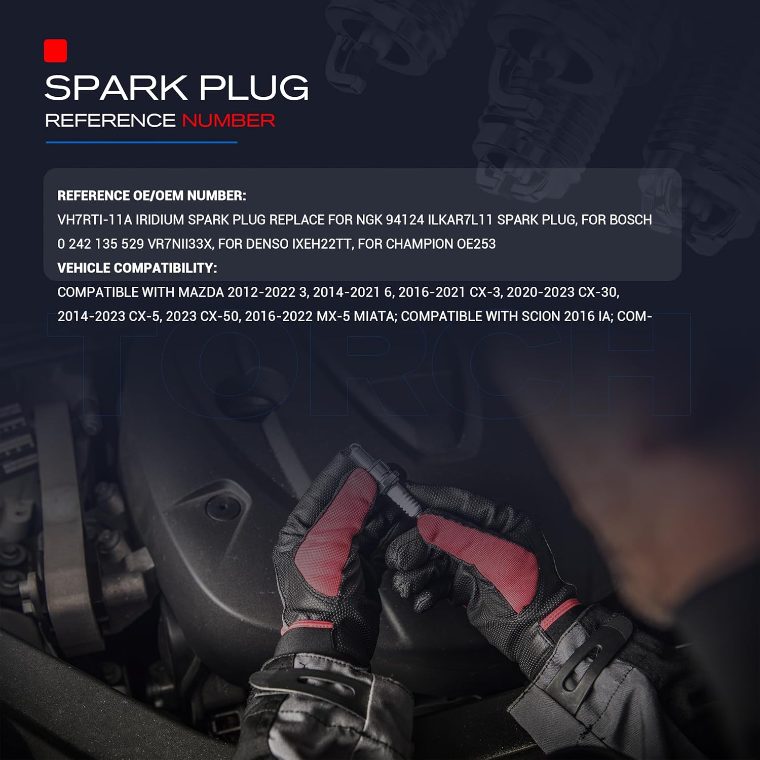 TORCH VH7RTI-11A 8271 Iridium Spark Plug Replace for NGK 93501 LKAR7BIX-11S 94124 ILKAR7L11 Spark Plug,for Toyota Yaris for Scion iA,for Mazda 3 6 CX-3 CX-30 CX-5 CX-50 MX-5 Miata L4,Pack of 4