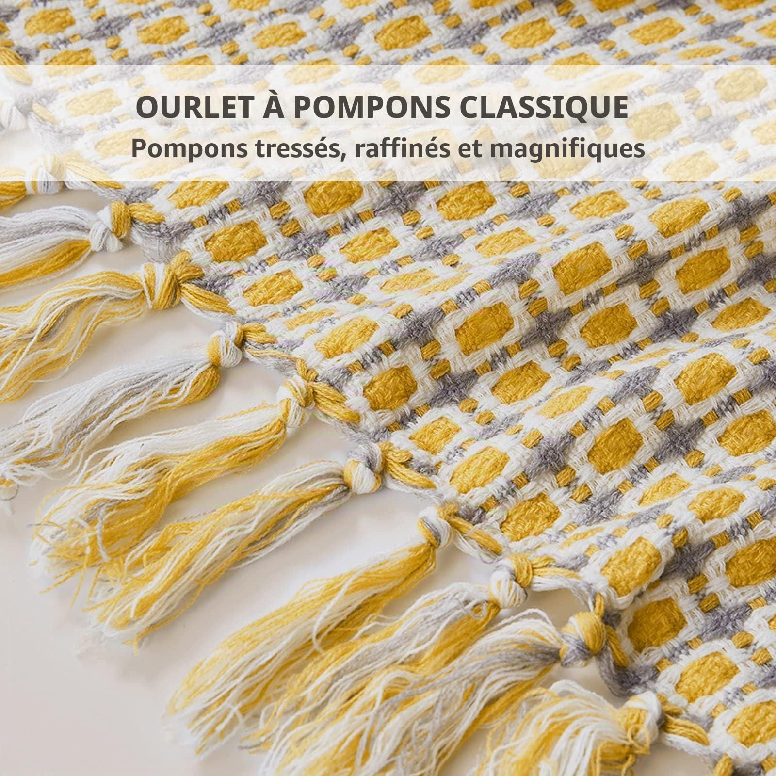 LumiSyne Couverture Tricotée Gland Jetés De Lit Couleur Pied-De-Poule Bohème Plaid Chaud Jeté Tapis à La Mode Doux Couverture Jeté De Canapé Couvre-Lit Décorative 130x230cm