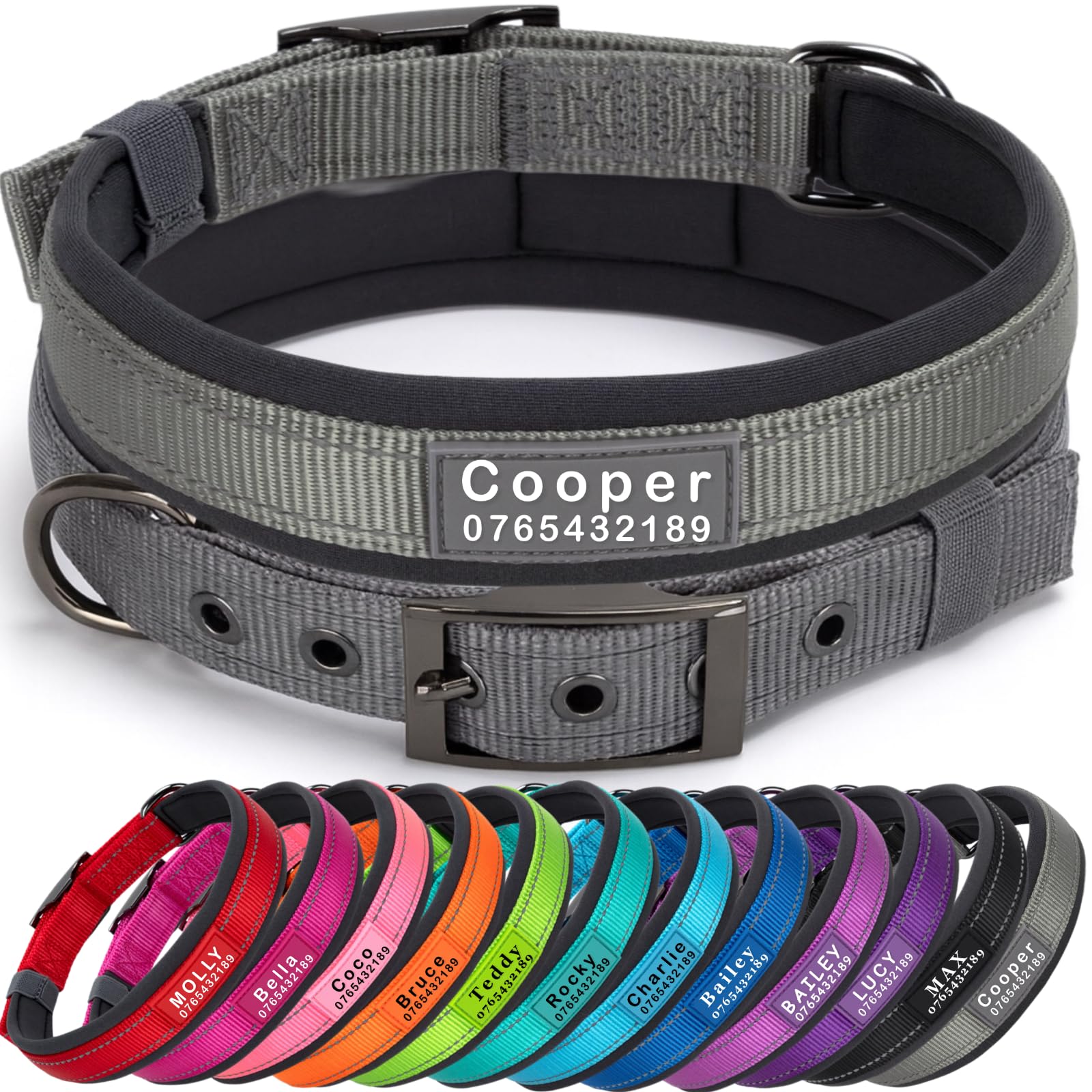 SEOUGEE Personalised Dog Collar with Name and Phone Number | Durable Metal Buckle | Ultra Wide Soft Neoprene Padded | Adjustable Reflective Dog Collar for Medium Large Dogs (XL, Grey 57-67cm)