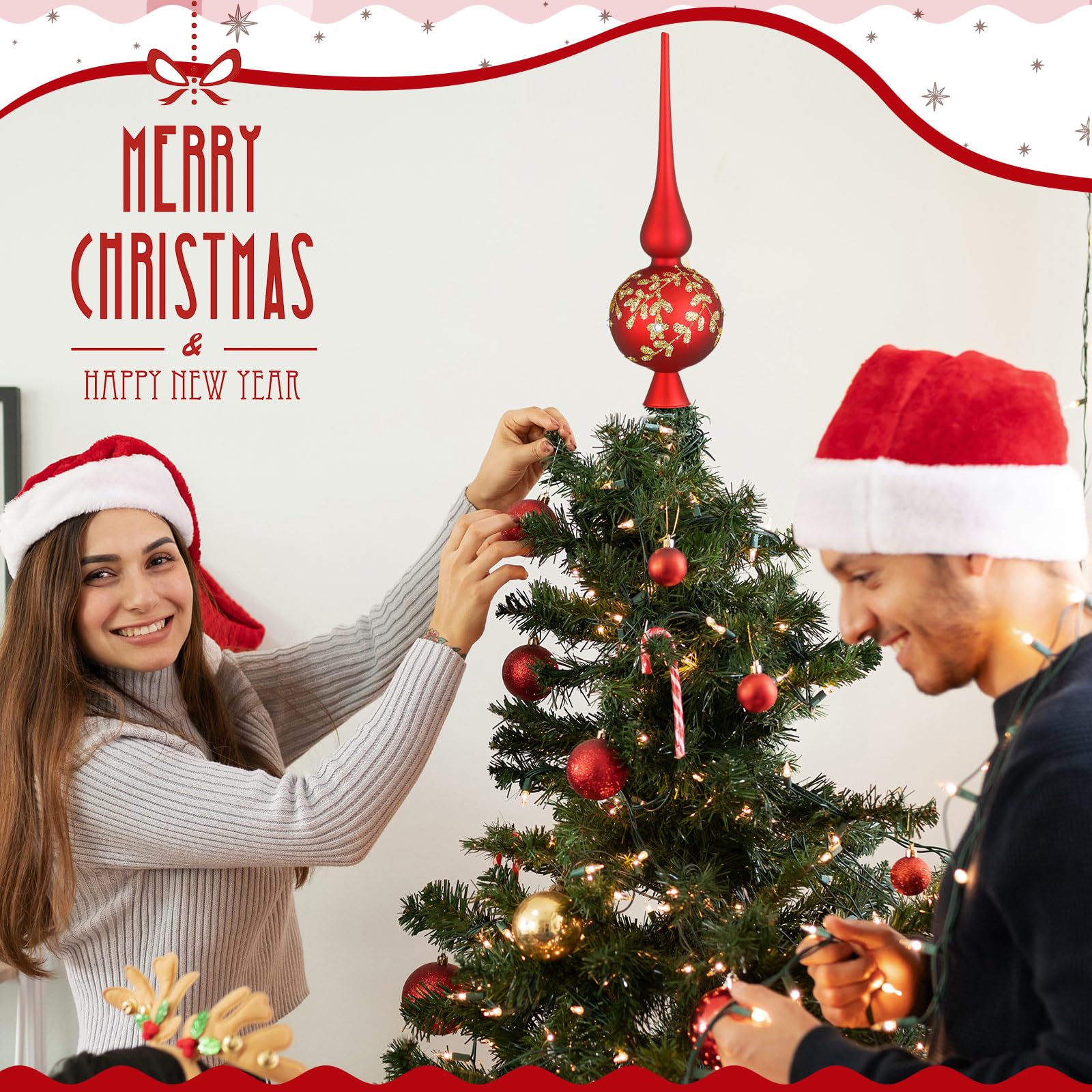 Gejoy Décorations sphériques en verre soufflé pour sapin de Noël avec fleurs sculptées - Convient pour la décoration de fête à la maison - 25 cm