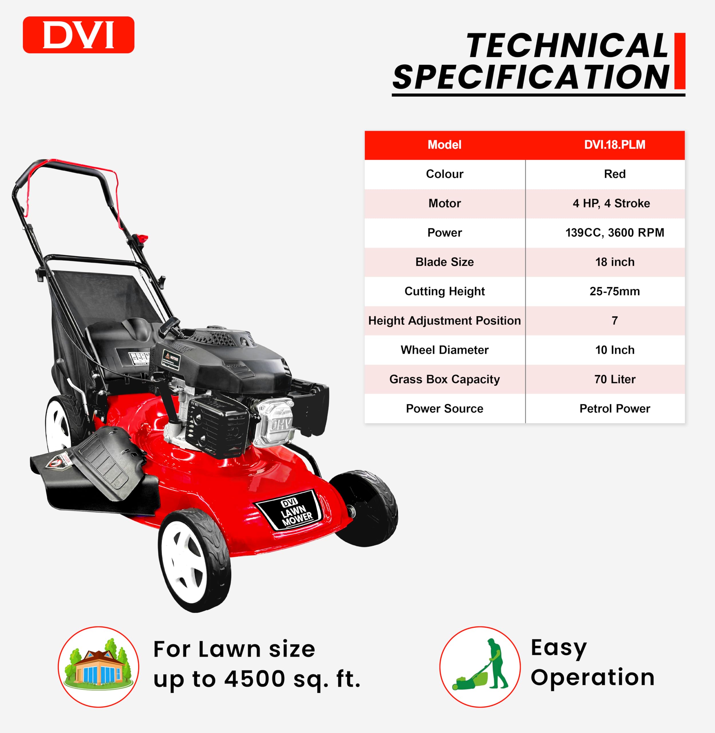DVI 18 Inch Petrol Lawn Mower with 60L Grass Catcher Box for Lawn and Garden with 7-Height Cutting Position | High Power 4HP Engine with 3600 RPM | 1 Year Manufacturer Warranty. - Image 3 thumbnail