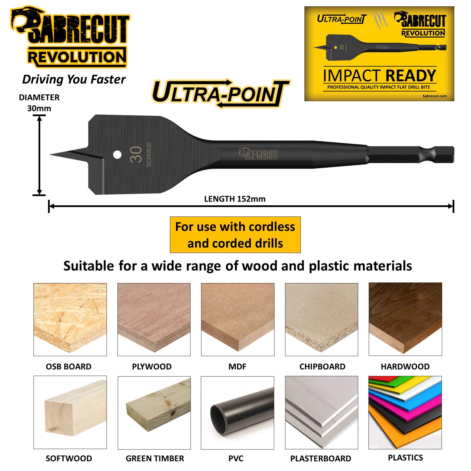 1 x SabreCut SCRIW30_1 30 mm x 152 mm Punta a forcella per legno piatta resistente agli urti compatibile con Bosch Dewalt Makita Milwaukee e molti altri