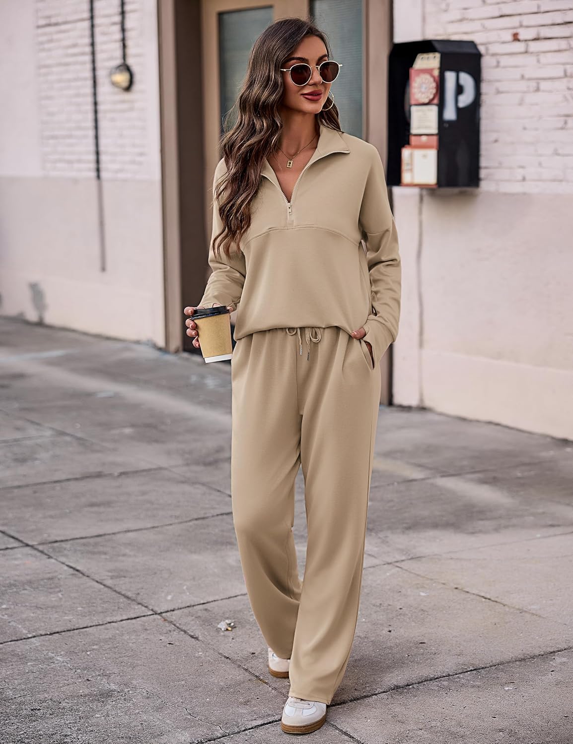 Totatuit Womens Sweatsuits 2 piece Set Lapel Half Zip Lightweight Sweatshirts and Wide Leg Pants Tracksuit Lounge Sets - Image 4