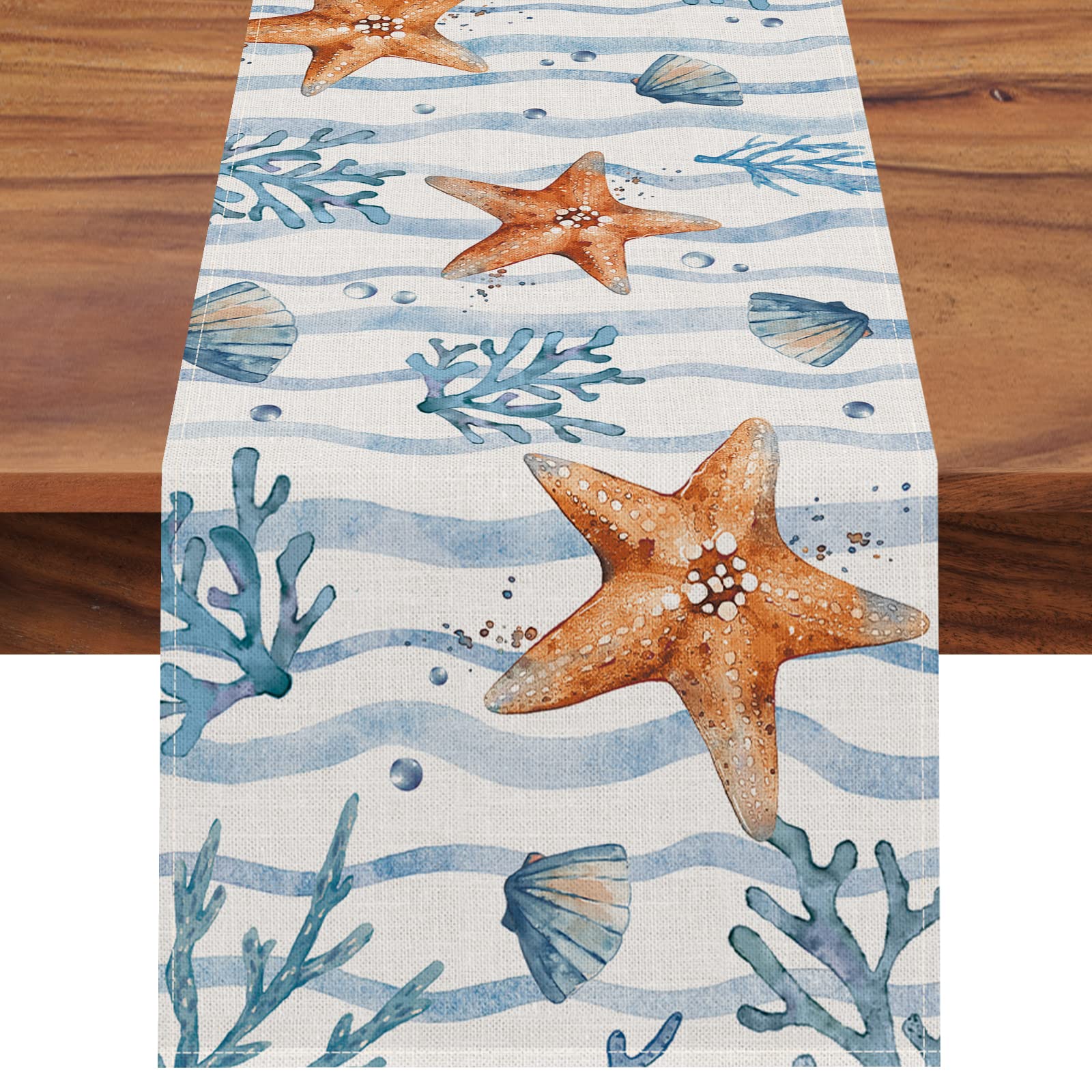 SeliemSummer Sea Starfish Conch Coral Table Runner, Coastal Ocean Wave Stripes Kitchen Dining Table Decor, Nautical Spring Seasonal Beach Home Decoration Indoor Outdoor Party Supply 13 x 72 Inches