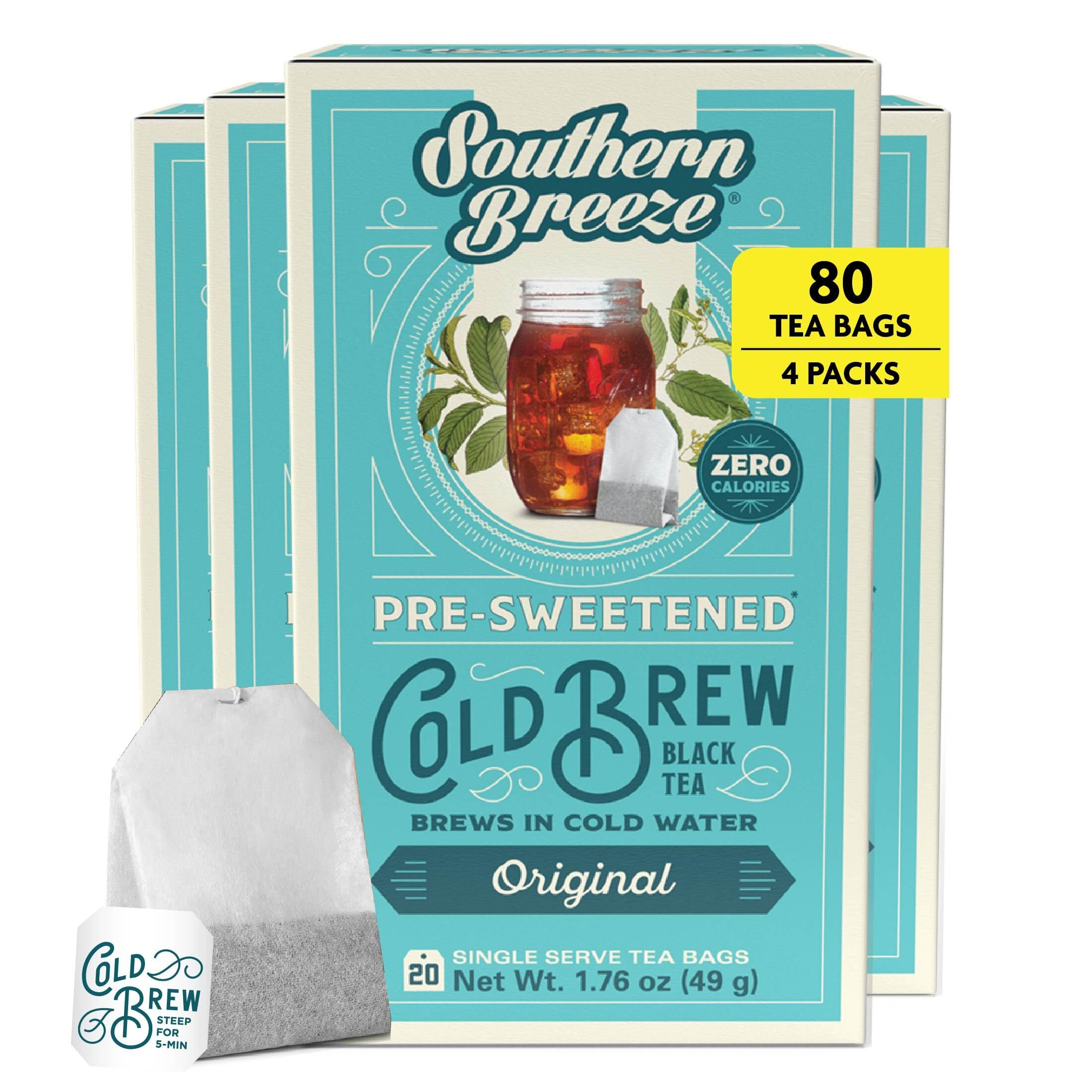 Southern Breeze Cold Brew Sweet Tea Original Iced Tea with Black Tea and Zero Carbs Zero Sugar, 20 Individually Wrapped Tea Bags, Pack of 4
