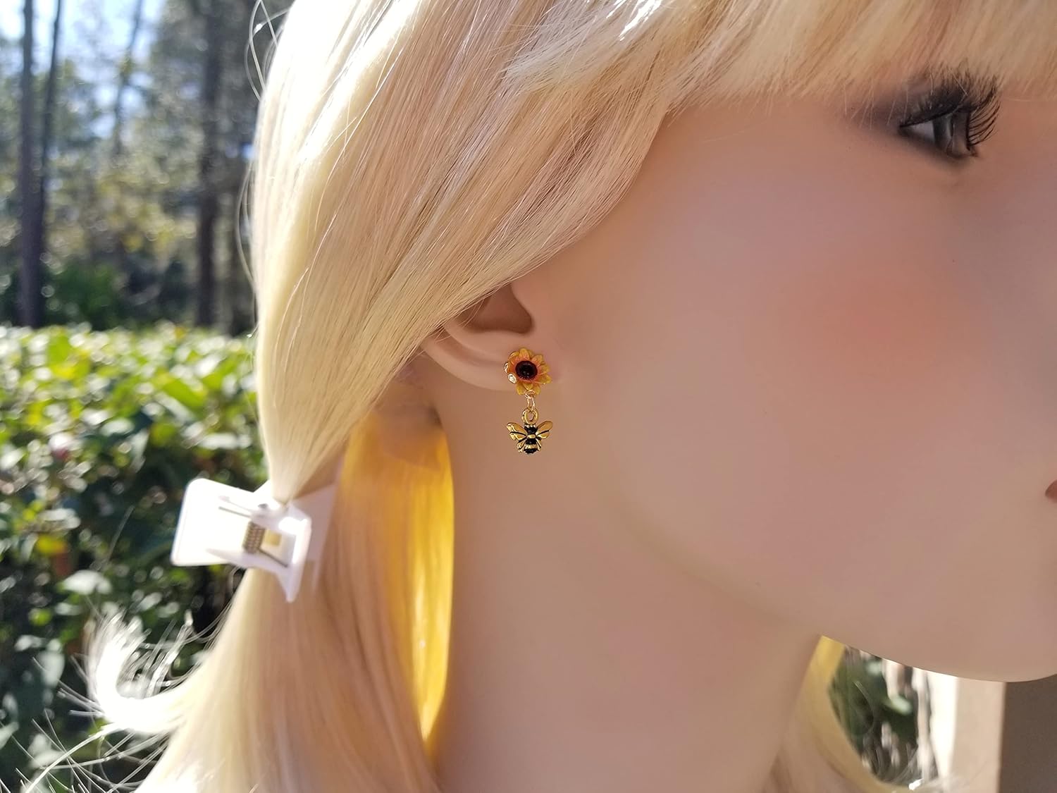 Mini Sunflower Honey Bees Post Earrings Handpainted - Cute Small Stud Yellow Gold Sunny Flower w Dangle- Quality Handmade Gift w Bumble Bee