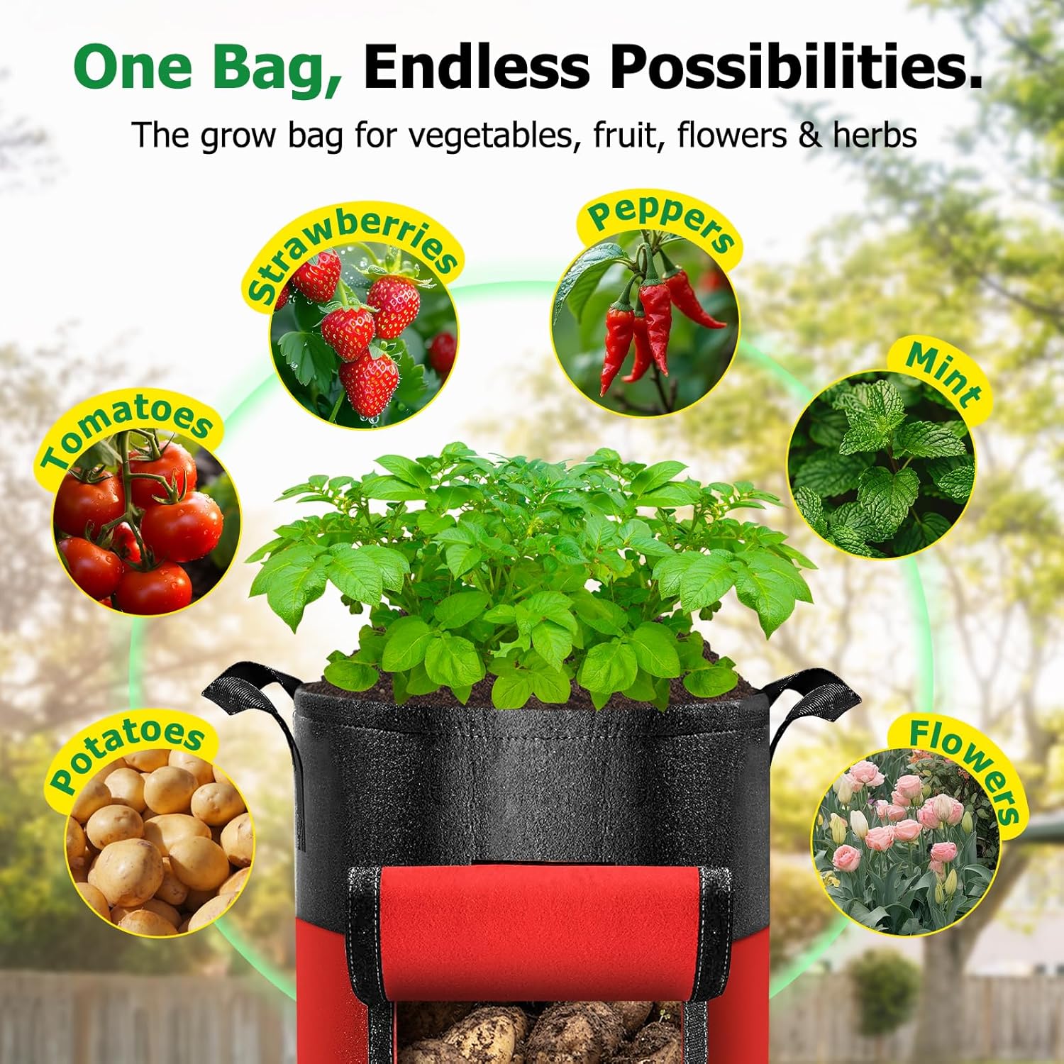 6 Pack Potato Grow Bags with Flap, 15 Gallon Grow Bags for Growing Potatoes, Colorful Durable Fabric Garden Planter Pots with Harvest Window for Tomatoes Vegetables Fruit Flowers Herbs