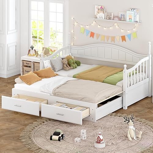 Harper & Bright Designs Sofá cama individual de los años 80 y 90 con nido, base de cama extensible con 2 cajones de almacenamiento, cabecera