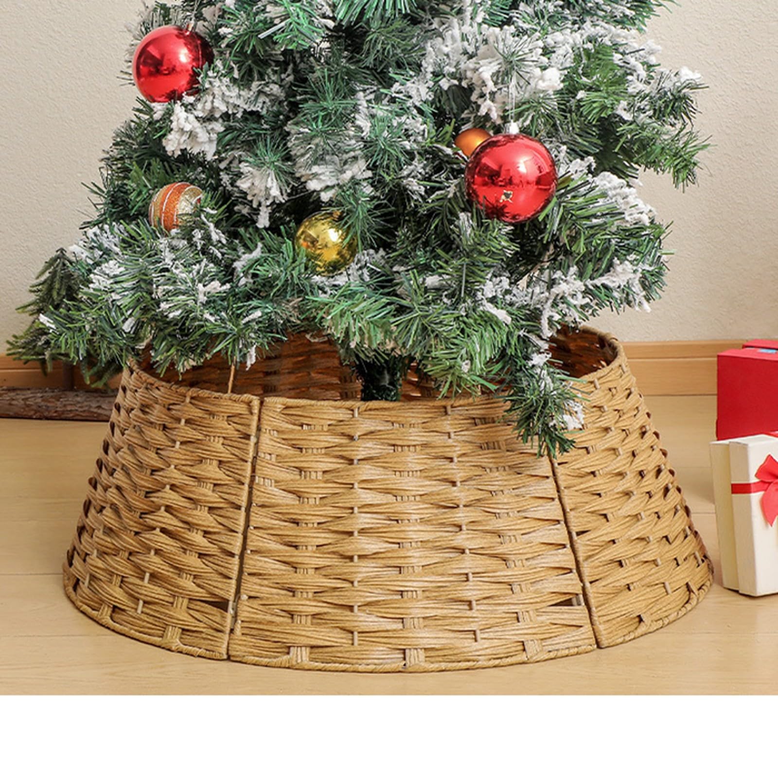 Weihnachtsbaum Kragen,Natürlicher Gewebter Rattan-Weihnachtsbaumring Baumfußabdeckung,für die Wohnzimmerdekoration(Yellow)