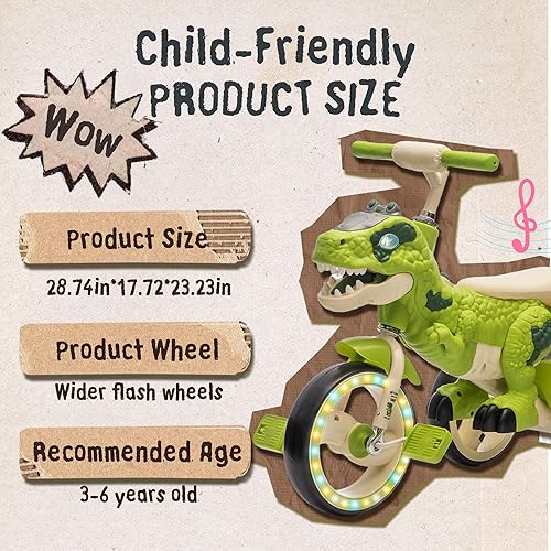 Miniatura 3 de Triciclo de dinosaurio para niños, triciclo para niños pequeños, rueda grande con ruedas anchas de flash, pedales antideslizantes, cesta de