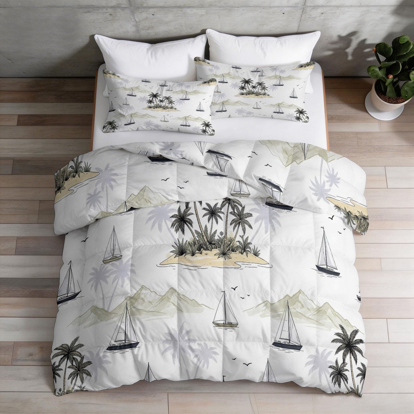Edredón de isla tropical sin funda de 220 x 240 cm, 4 estaciones, lavable, crema ligera, respetuosa con la piel, paisaje marino natural, velero, hoja de palma, edredón suave y cálido