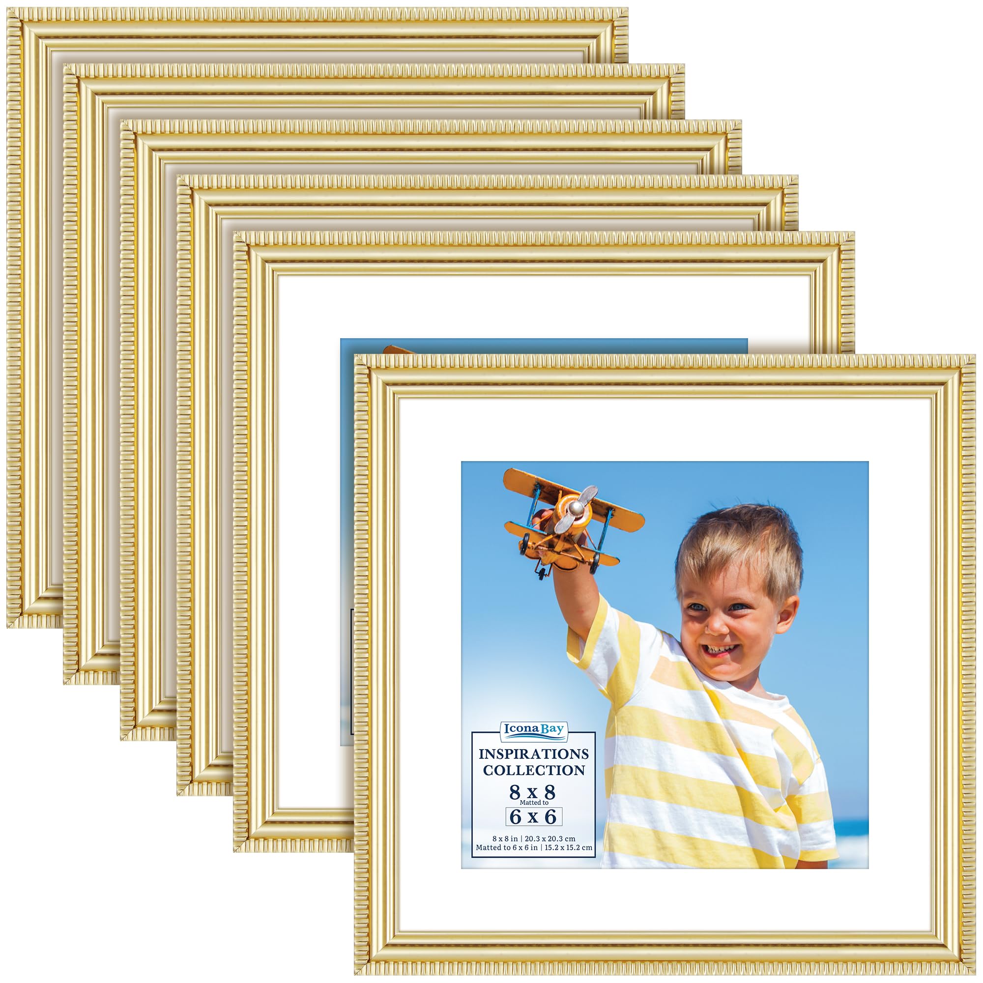 Icona Bay - 8x8 Picture Frames with Removable Mat for 6x6 Photos - Gold, 6 Pack - Beautifully Detailed Molding - Contemporary Picture Frames - Wall Mount or Table Top - Inspirations Collection — image 1