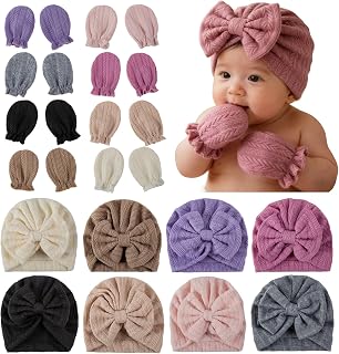 8-Pack Newborn Baby Hats & Mittens Set - Soft Cotton Preemie Beanies with Bows & No-Scratch Gloves for 0-3 Months Boys/Girls