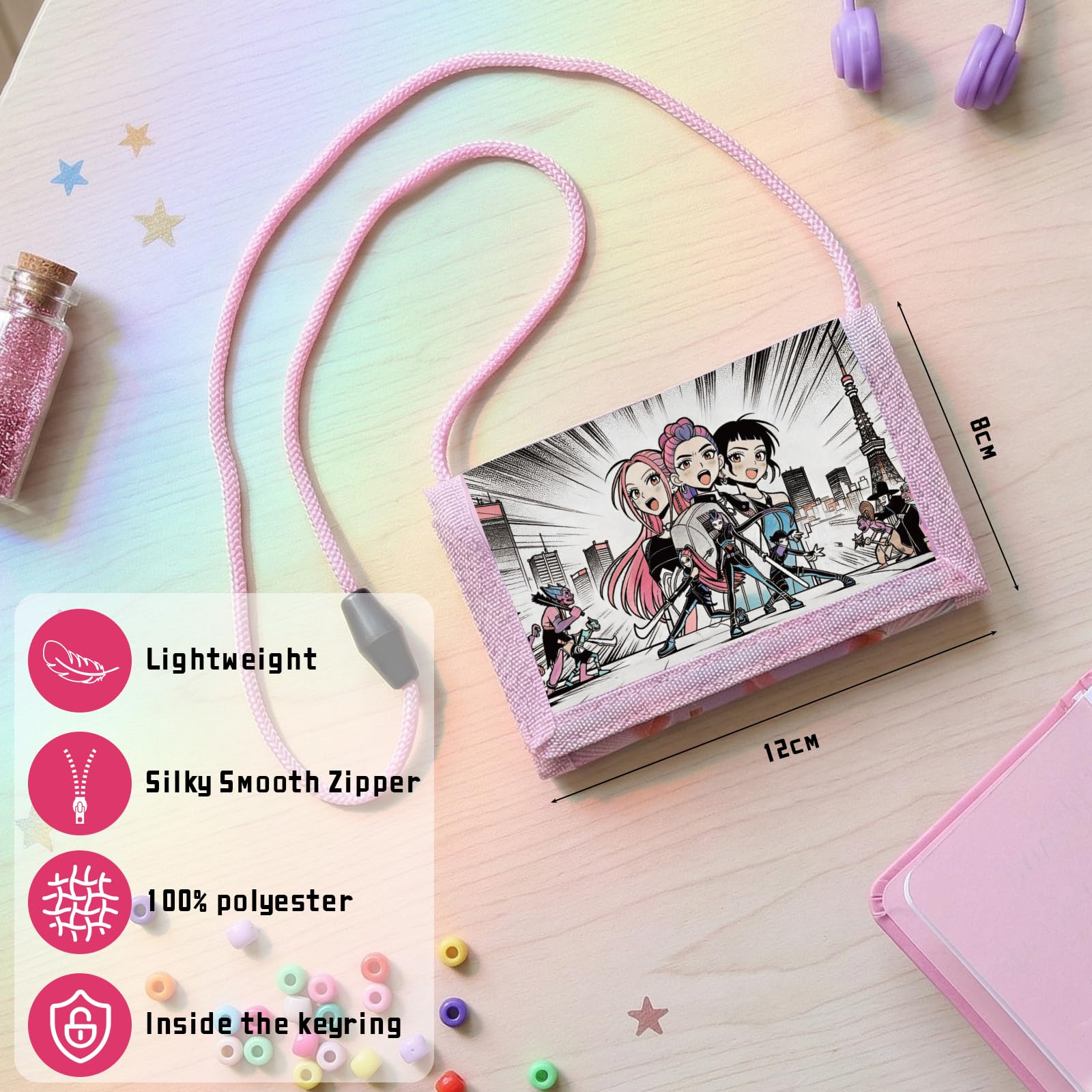 TCRZHHRX Portafoglio a 3 ante con cordino regolabile - K-Pop Portacarte organizer con finestra trasparente per tessera di trasporto - Regalo perfetto per ragazze, adolescenti, studentesse (Nero) - 2