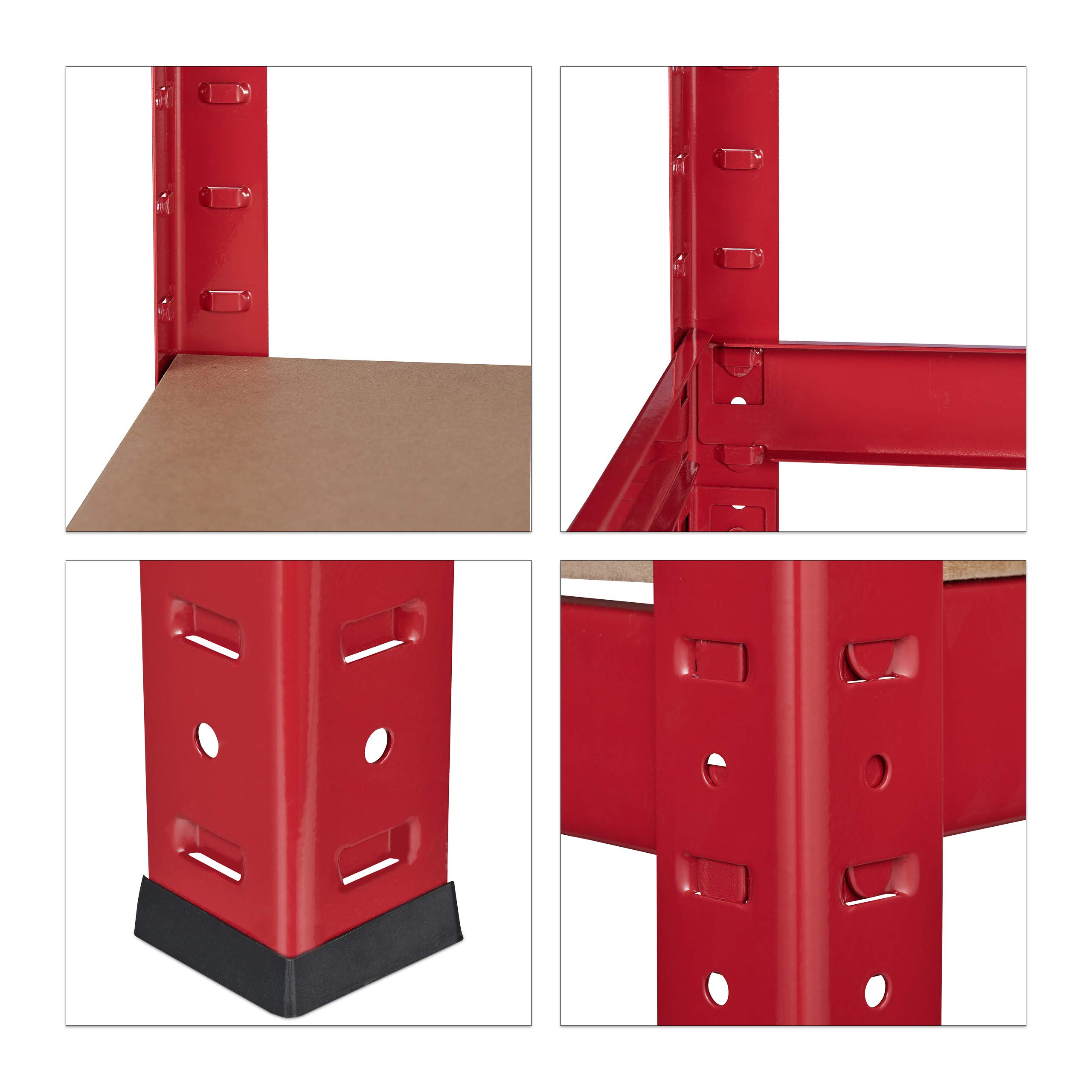 Relaxdays Étagère charge lourde, Meuble rangement à clip, Cave charge 1325 kg, garage, 180x90x60 cm, métal, MDF, rouge