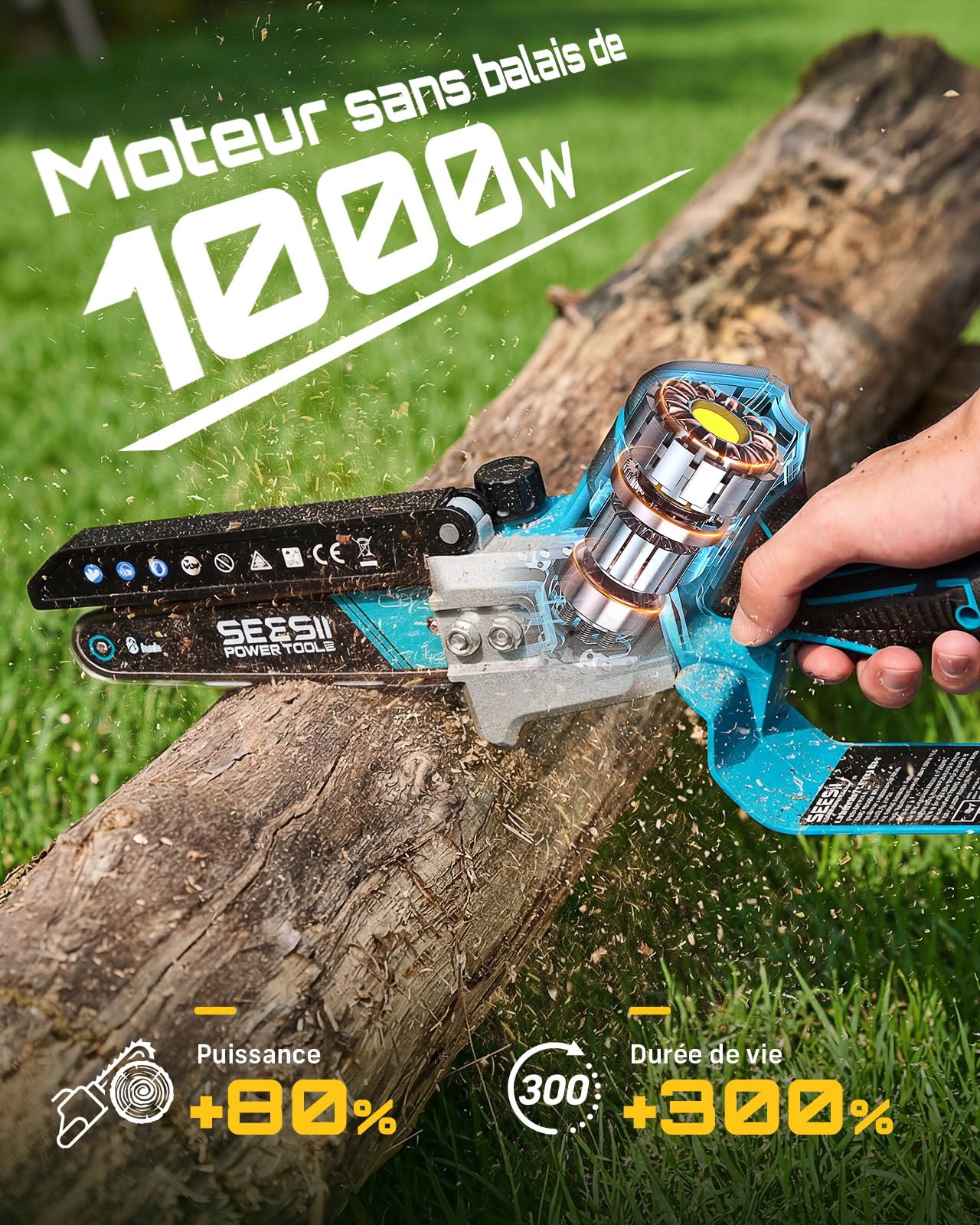 SEESII Mini Tronconneuse à Batterie 6 Pouces, Tronçonneuse Électrique Sans Balais, avec 2 * 4000 mAh Batterie, Lubrification Automatique, Compatible Makita 18V, Idéal Extérieur & Jardinage