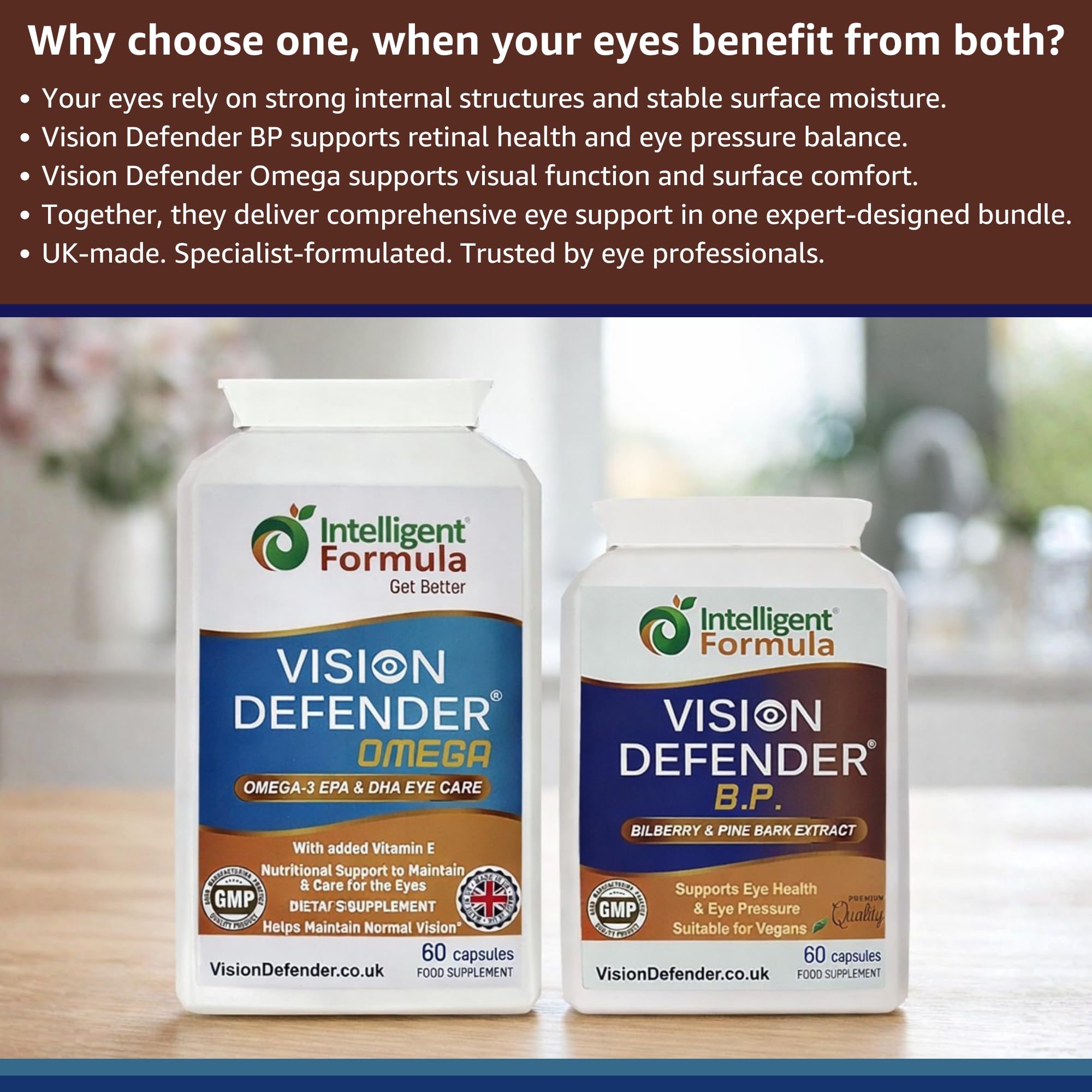 Vision Defender BP e Vision Defender Omega Bundle Cura Occhi - Estratto Mirtillo Corteccia di Pino Omega-3 Olio Pesce - (EPA-DHA) Vitamina E - Integratori Occhi Secchi Comfort - 120 Capsule - UK