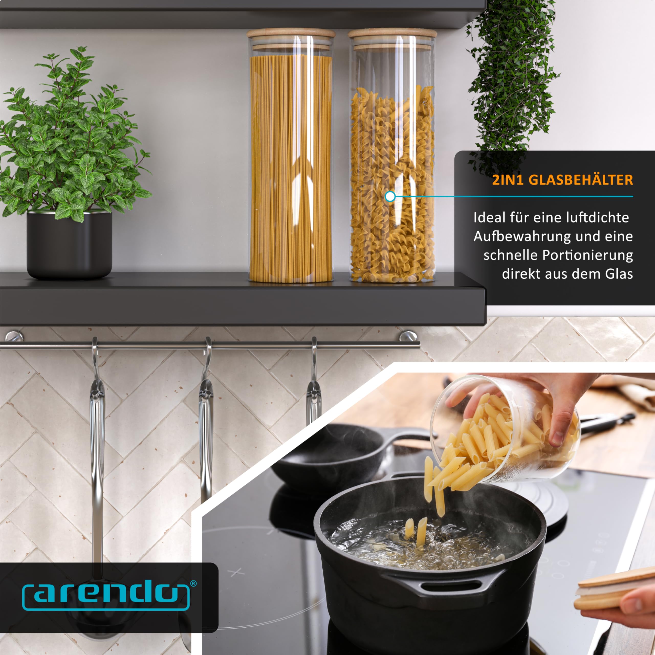 Arendo - Vorratsgläser mit Deckel - 2er Set - Behälter aus Glas – hitzebeständig – Vorratsdosen mit Bambusdeckel - luftdicht - für Spaghetti Müsli Zucker Mehl Kaffee Reis