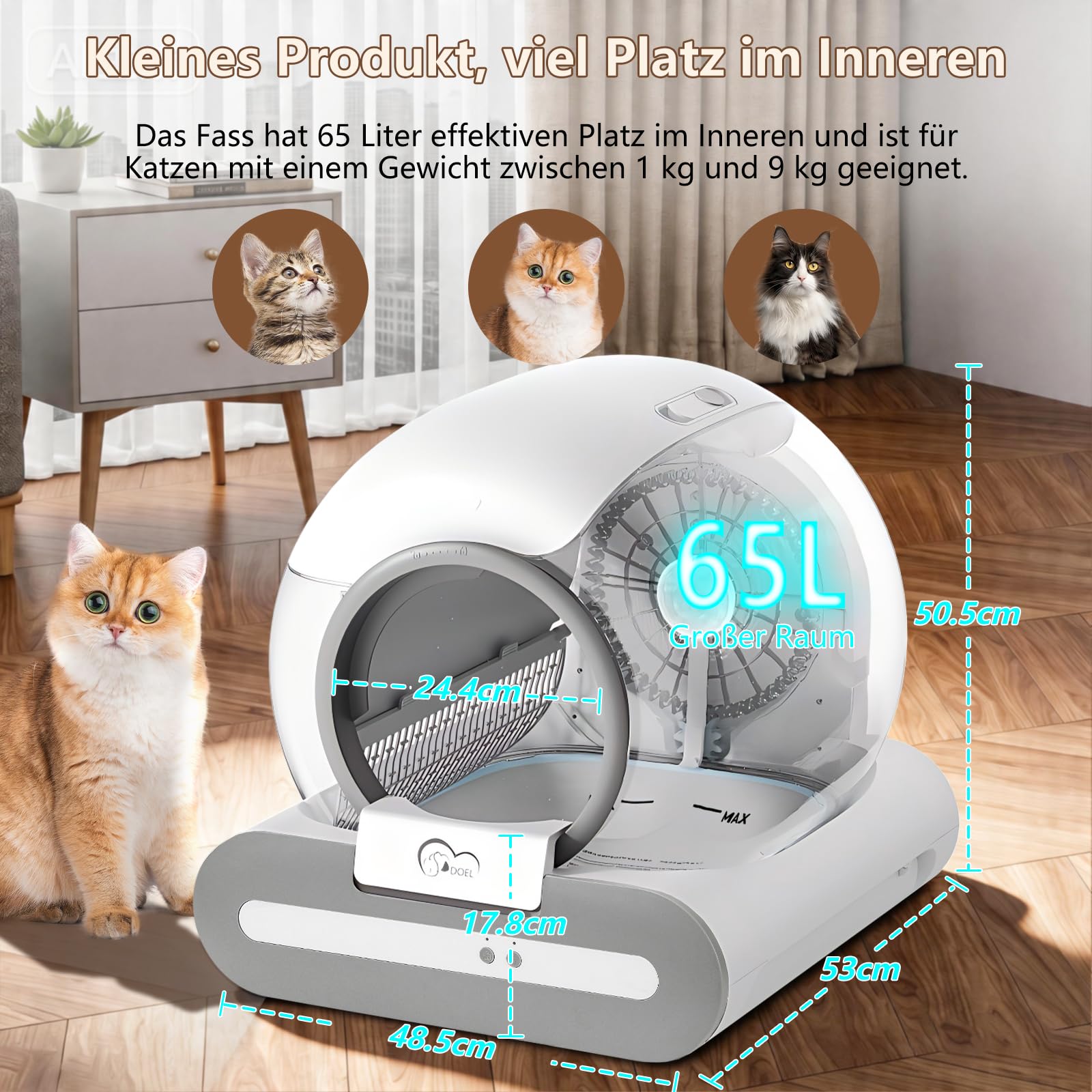 DOEL 2026 Arenero autolimpiable para gatos, 65 L, gran capacidad, protección de seguridad múltiple, caja de arena automática para gatos, control de la salud, para varios gatos con base de