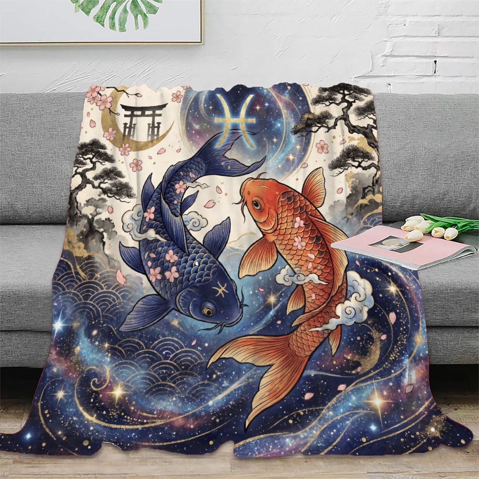 W7C8U2X3 Pisces Zodiac Japanese Koi Soft Throw Blanket, Camping Car Travel