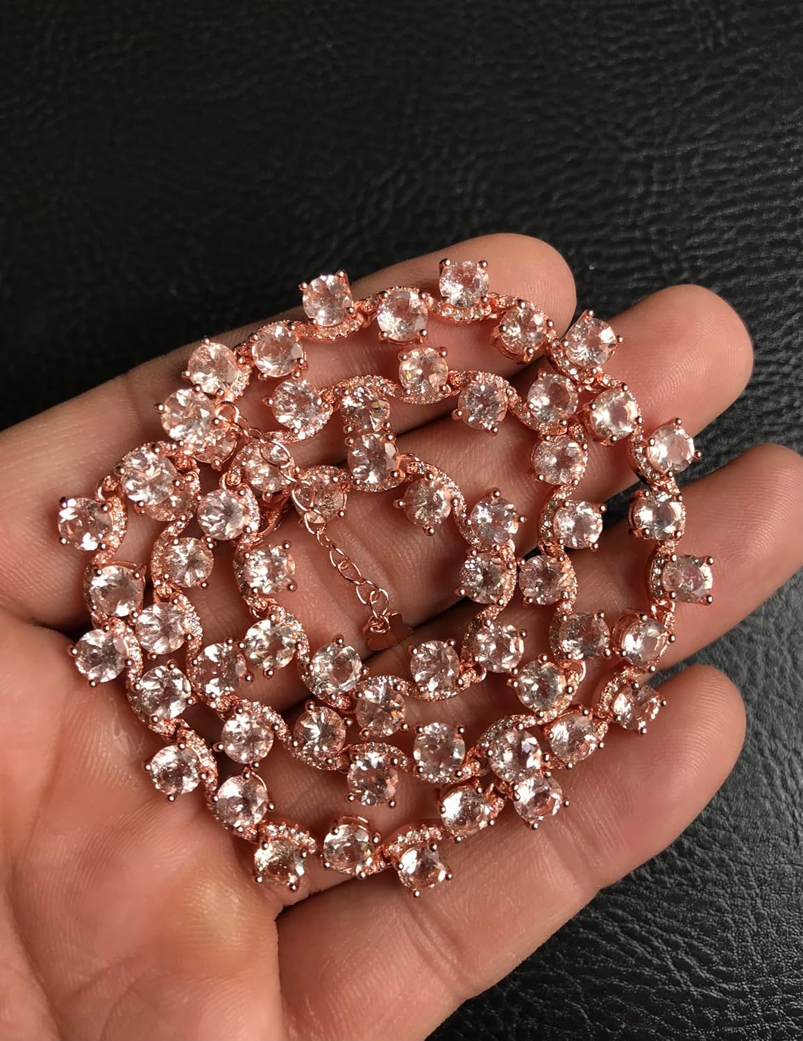 Natural Morganite Tennis Necklace for Women in 925 Sterling Silver | 5mm Round Cut Morganite Zigzag Necklace | October Birthstone Jewelry | Elegant Peach Pink Necklace | Engagement Gift