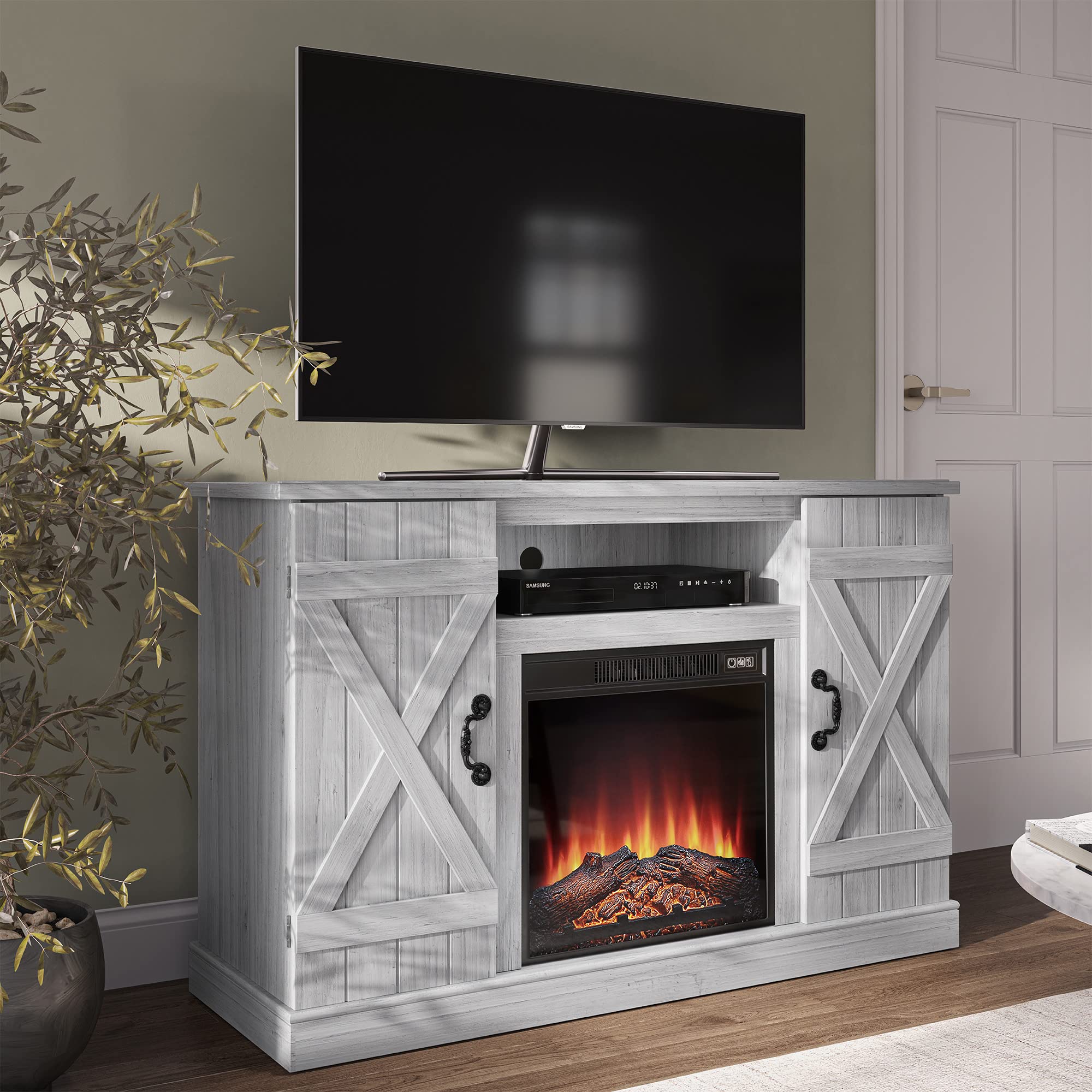BELLEZE Industrial 47 Inch Rustic Electric Fireplace TV Stand & Media