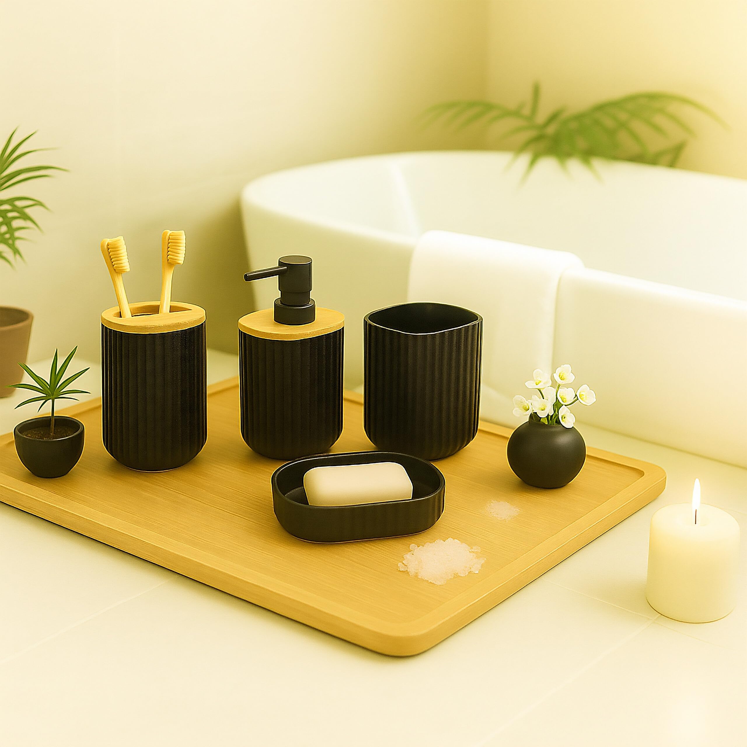 Relaxdays Set Accesorios Baño, Juego Completo Utensilios 6 Piezas, Conjunto WC, Plástico y Bambú, Negro y Natural