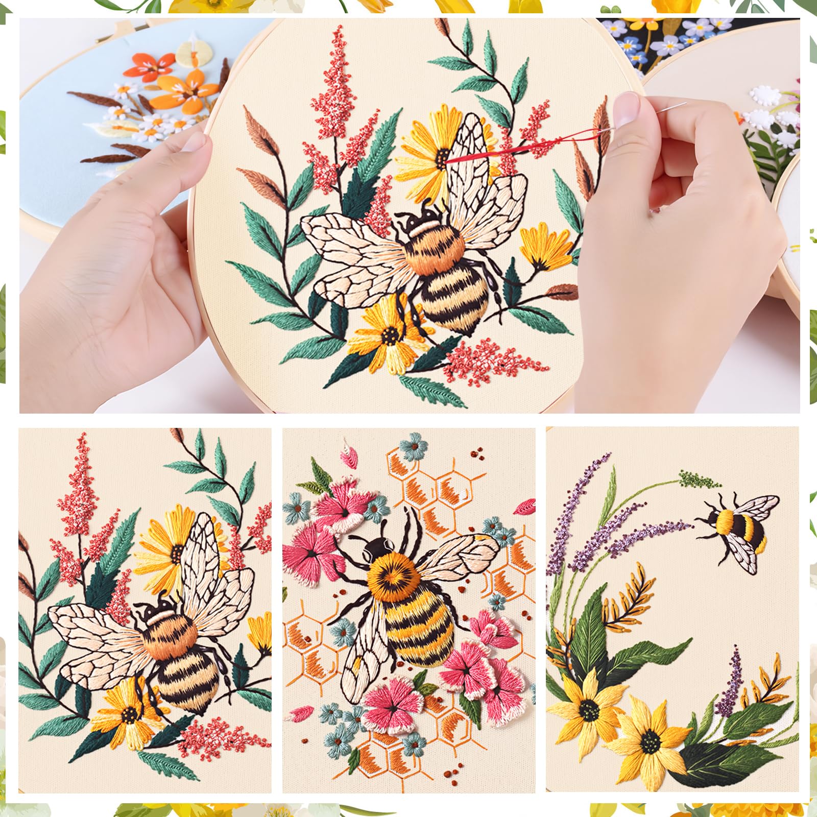 JSRQT 3 Pezzi Set da Ricamo per Principianti Adulti Motivo a Floreale Embroidery Kit Artigianale Artigianato DIY Starter Punto Croce Ricamare Cucire Accessori Mano Prestampato Completo Regalo