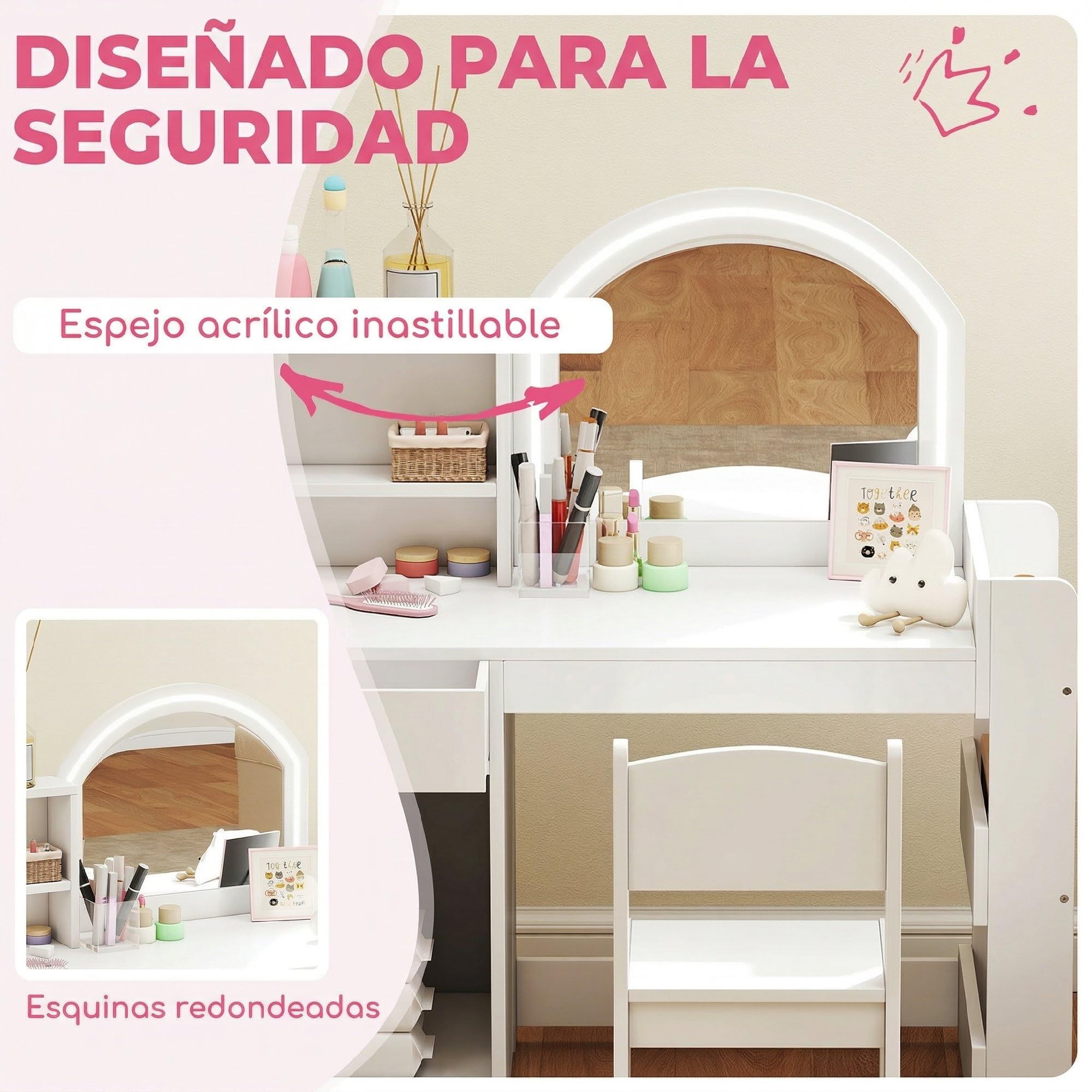 AIYAPLAY Tocador de Maquillaje Niña, Tocador Infantil con Taburete y Espejo con Luces LED, 1 Cajón, Armario y 5 Estantes, para Niños de 3 a 8 Años, Blanco