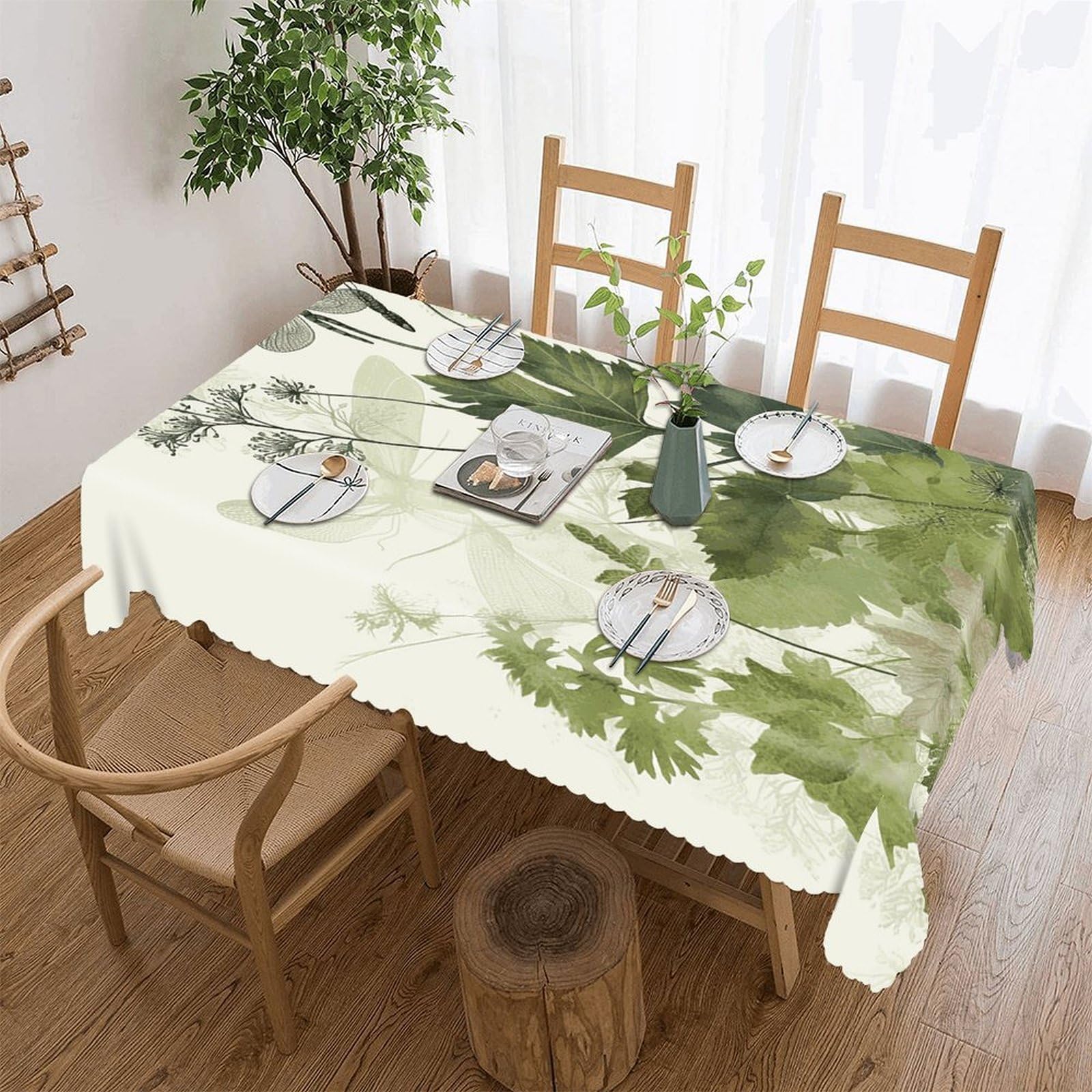 Fekiloot Style Foliage And Herbs With Dragonflies Winged Tablecloths Heavy Duty Washable Fabric,Birthday Tablecloth-Wavy Edge Design,Polyester Table Cloth For Restaurant,Picnic,Indoor And Outdoor Dining60"X86"