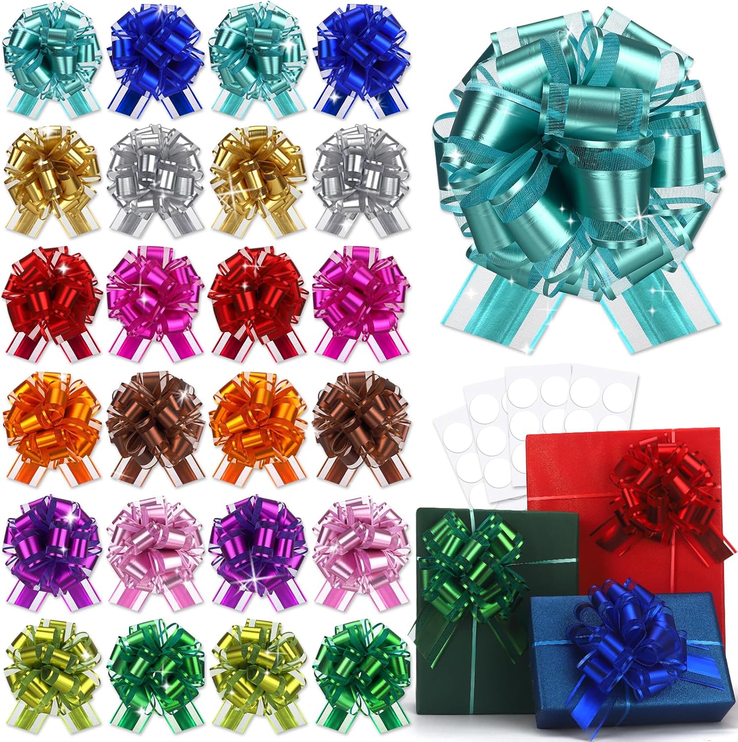 24Pcs Large Gift Bow Ribbon 6 Inch Pull Bows for Baskets Gift Warpping Christmas Adhesive Matte Warp Bow for Presents Party Birthday Anniversary Boxes Flower Valentine's Day (24Pcs-Mix Colors-H)