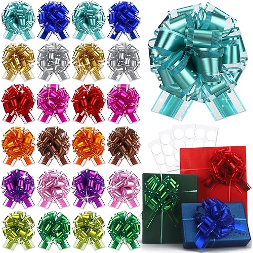 24Pcs Large Gift Bow Ribbon 6 Inch Pull Bows for Baskets Gift Warpping Christmas Adhesive Matte Warp Bow for Presents Party Birthday Anniversary Boxes Flower Valentine's Day (24Pcs-Mix Colors-H)