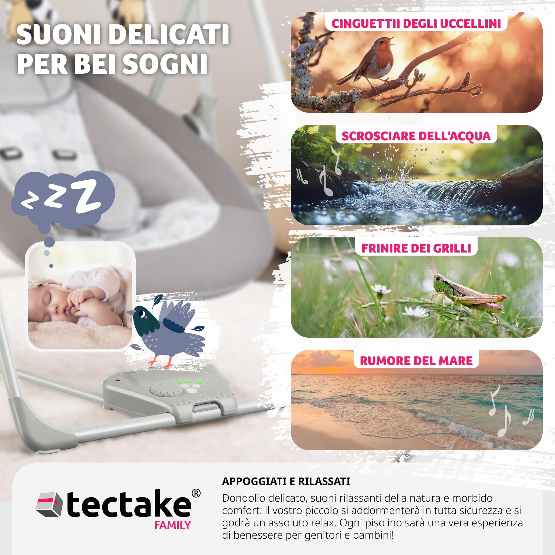 tectake® Dondolo Elettrico per Neonati, 5 Livelli di Velocità, Dondolo Bambini con Timer, Arco Giochi con Peluche, Dondolo per Bambini con Suoni Naturali Rilassanti - Grigio Chiaro