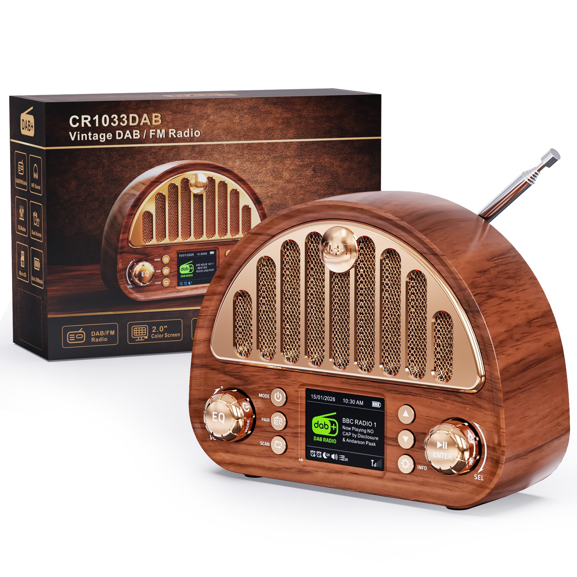 ROCAM Radio DAB+/FM, radio rétro avec Bluetooth 5.0, haut-parleur Full Sound 8 W, batterie 3000 mAh, écran couleur 2", RDS, AUX IN/cartes MicroSD, double réveil, minuterie de sommeil, 80 préréglages