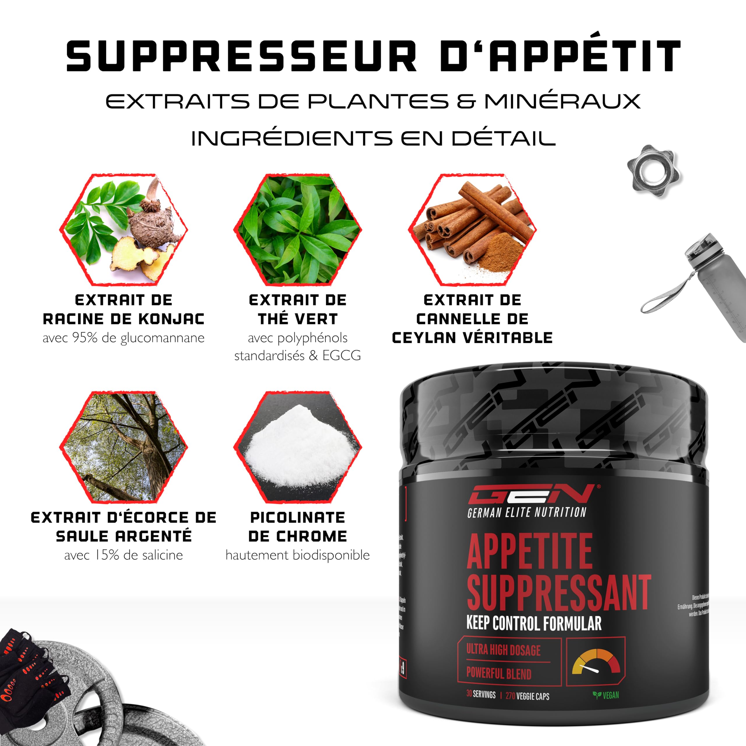 Appetite Suppressant - 270 gélules - Extrak hautement dosé avec glucomannane, extrait de thé vert, cannelle de Ceylan, extrait de saule blanc & Crom - Vegan