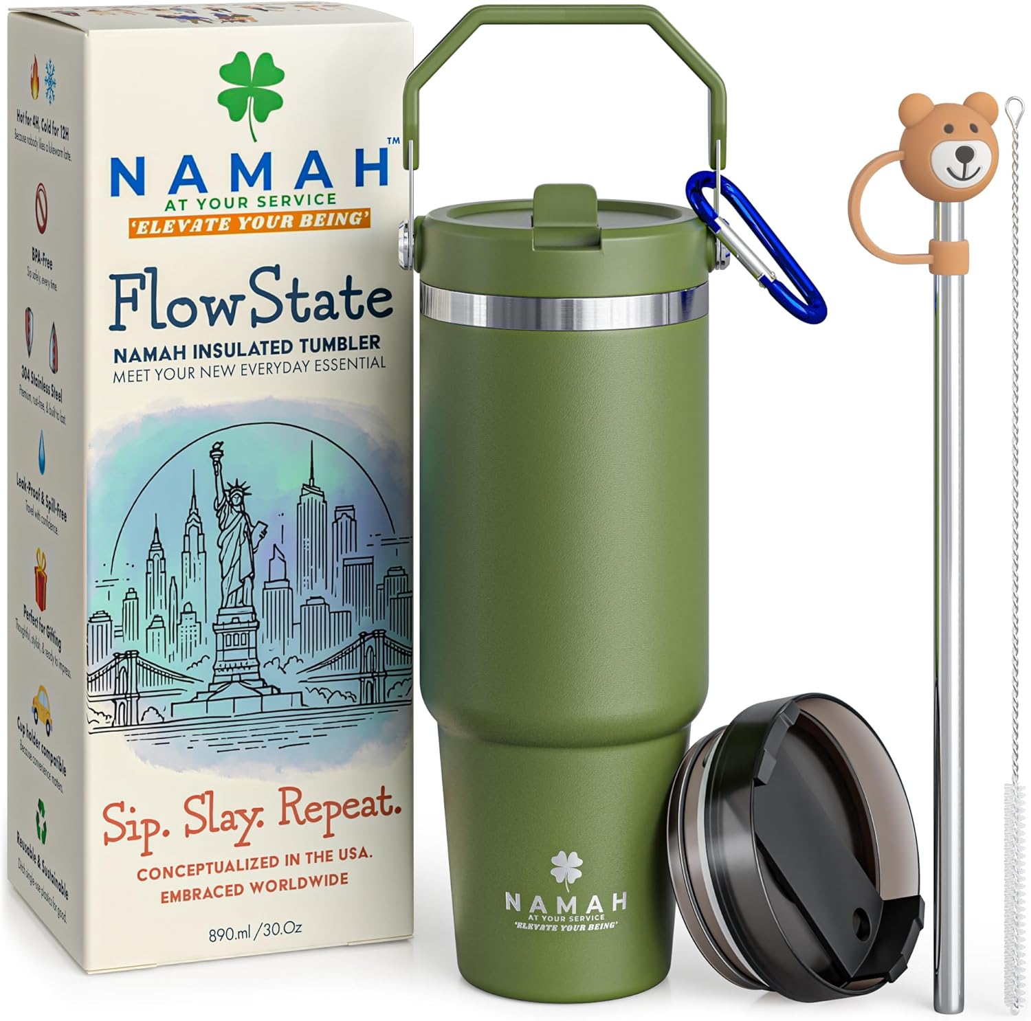 Namah® 30oz Spiritual Tumbler with Handle, Lid & Straw – Stainless Steel Insulated Travel Mug | Leak-Proof Double Wall Cup for Hot & Cold Drinks | Zen Gift for Yoga, Wellness (Forest Olive Green)
