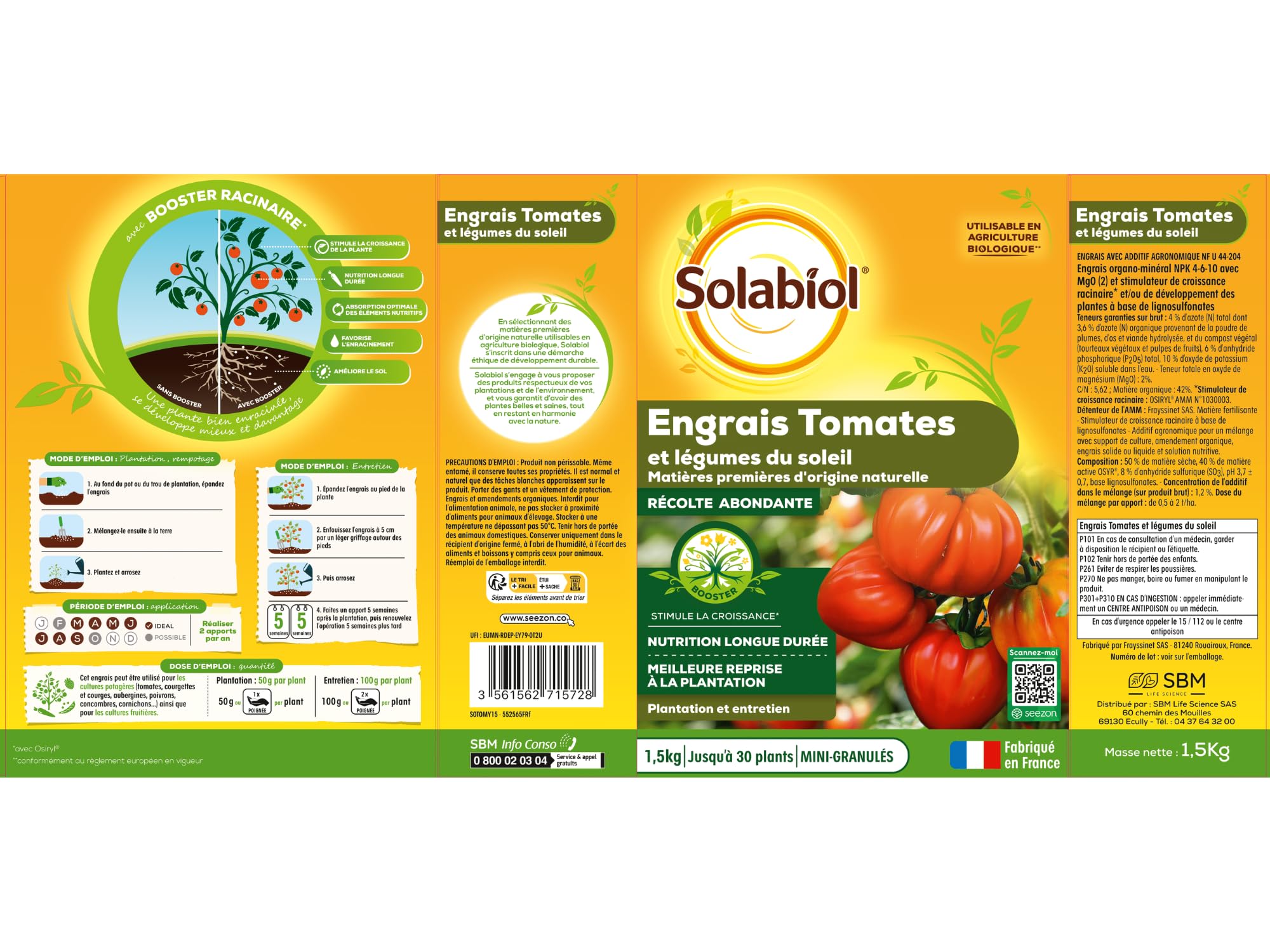 SOLABIOL Engrais Tomates & Légumes Du Soleil - 1,5Kg - Jusqu'à 30 Plants - Nutrition Longue Durée - Meilleure Reprise A La Plantation - Utilisable En Agriculture Biologique SOTOMY15